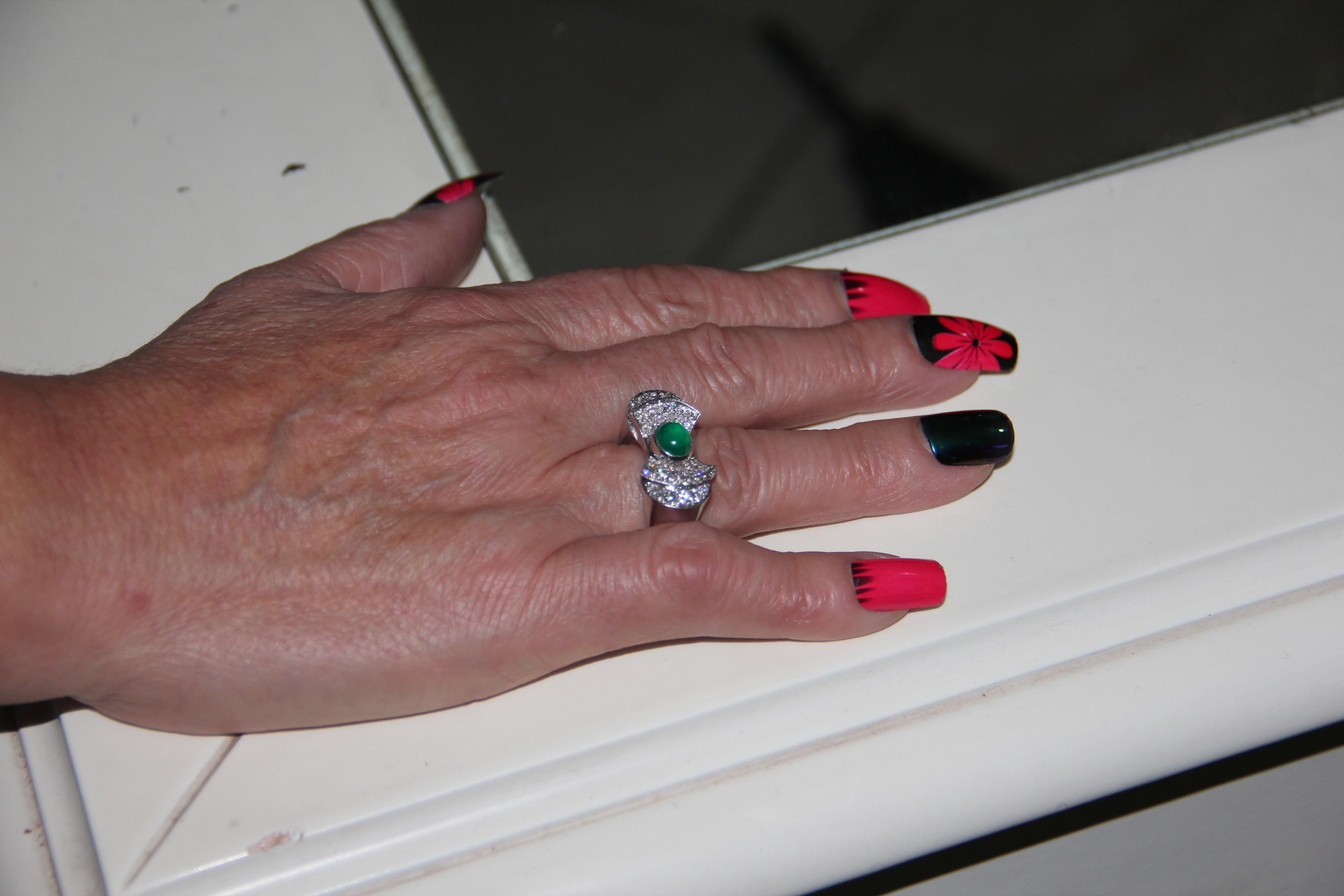 Handcraft Cabochon Emerald 18 Karat White Gold Diamonds Cocktail Ring For Sale 7