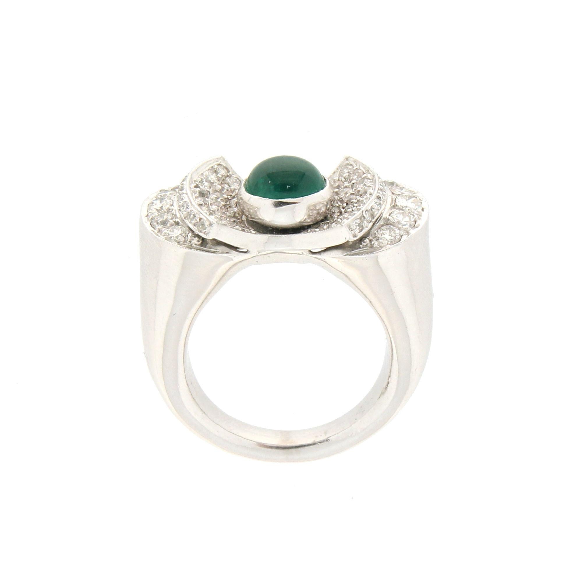 Artisan Handcraft Cabochon Emerald 18 Karat White Gold Diamonds Cocktail Ring For Sale