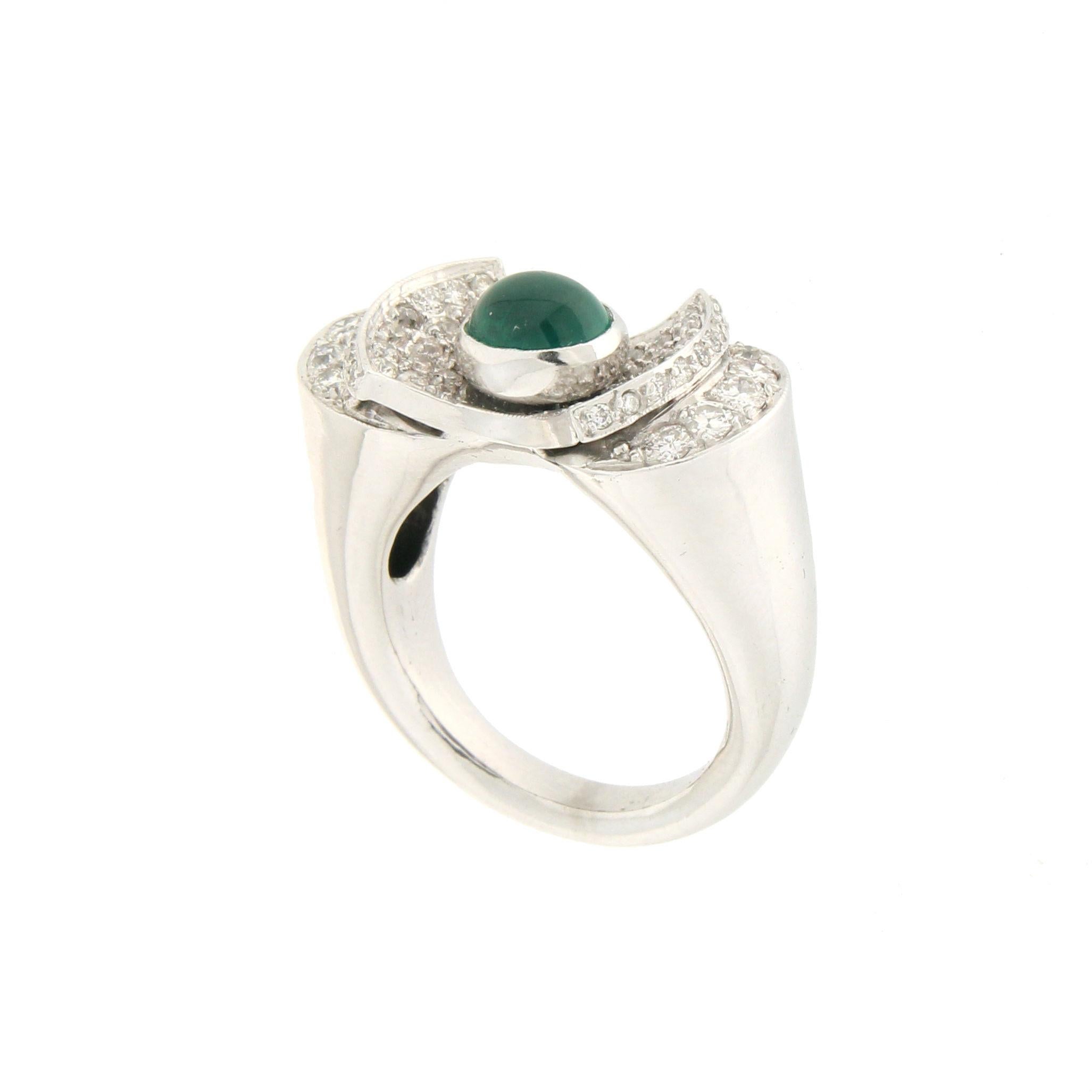 Handcraft Cabochon Emerald 18 Karat White Gold Diamonds Cocktail Ring In New Condition For Sale In Marcianise, IT