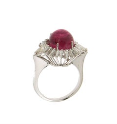 Handcraft Cabochon Rubelite 18 Karat White Gold Diamonds Cocktail Ring