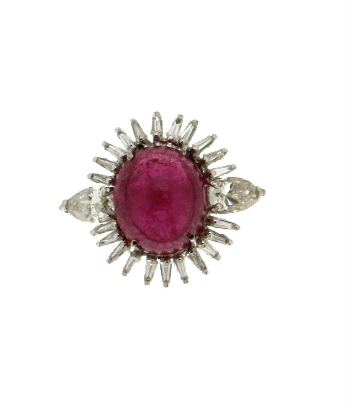 Handcraft Cabochon Rubelite 18 Karat White Gold Diamonds Cocktail Ring In New Condition For Sale In Marcianise, IT
