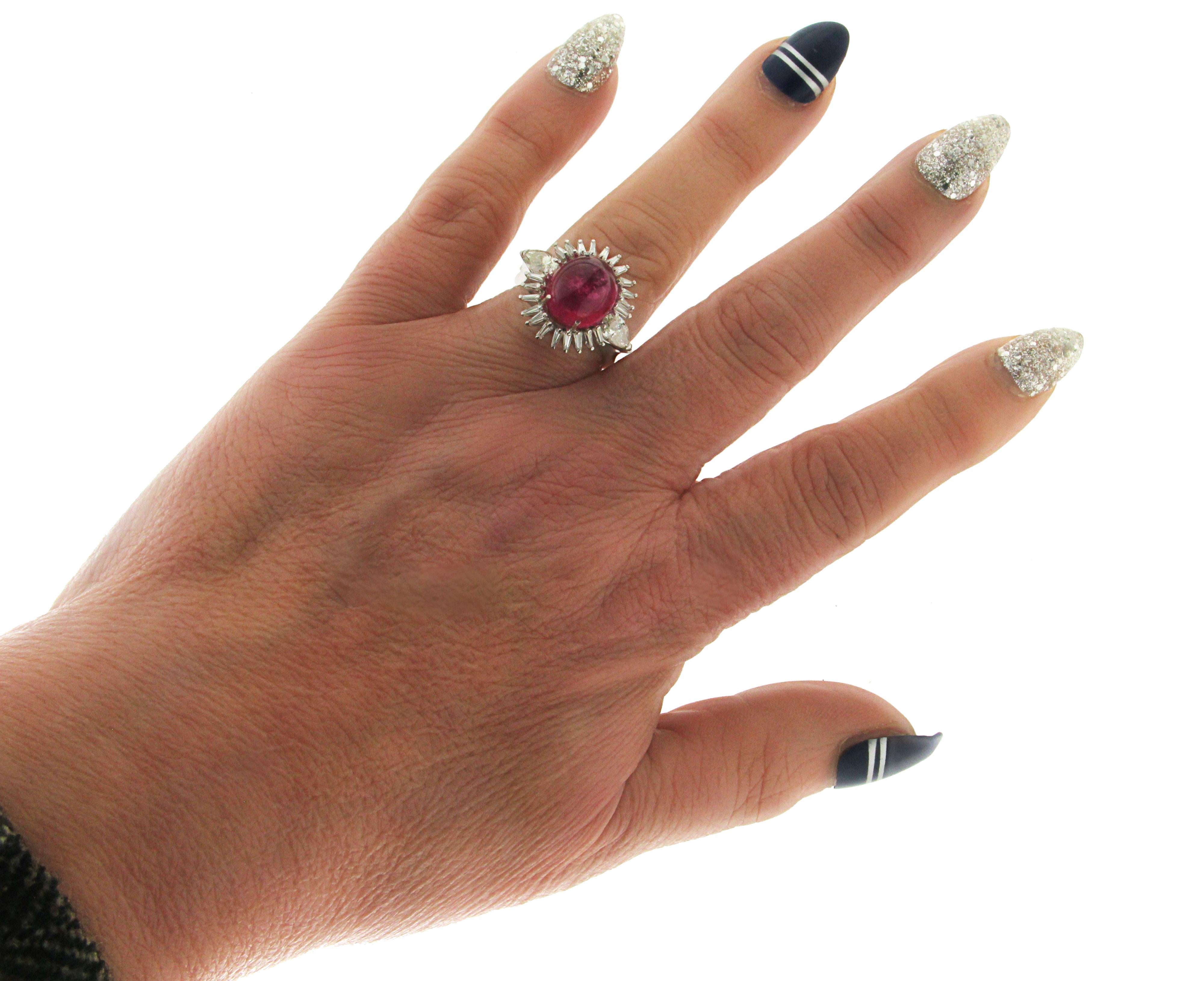 Women's or Men's Handcraft Cabochon Rubelite 18 Karat White Gold Diamonds Cocktail Ring For Sale