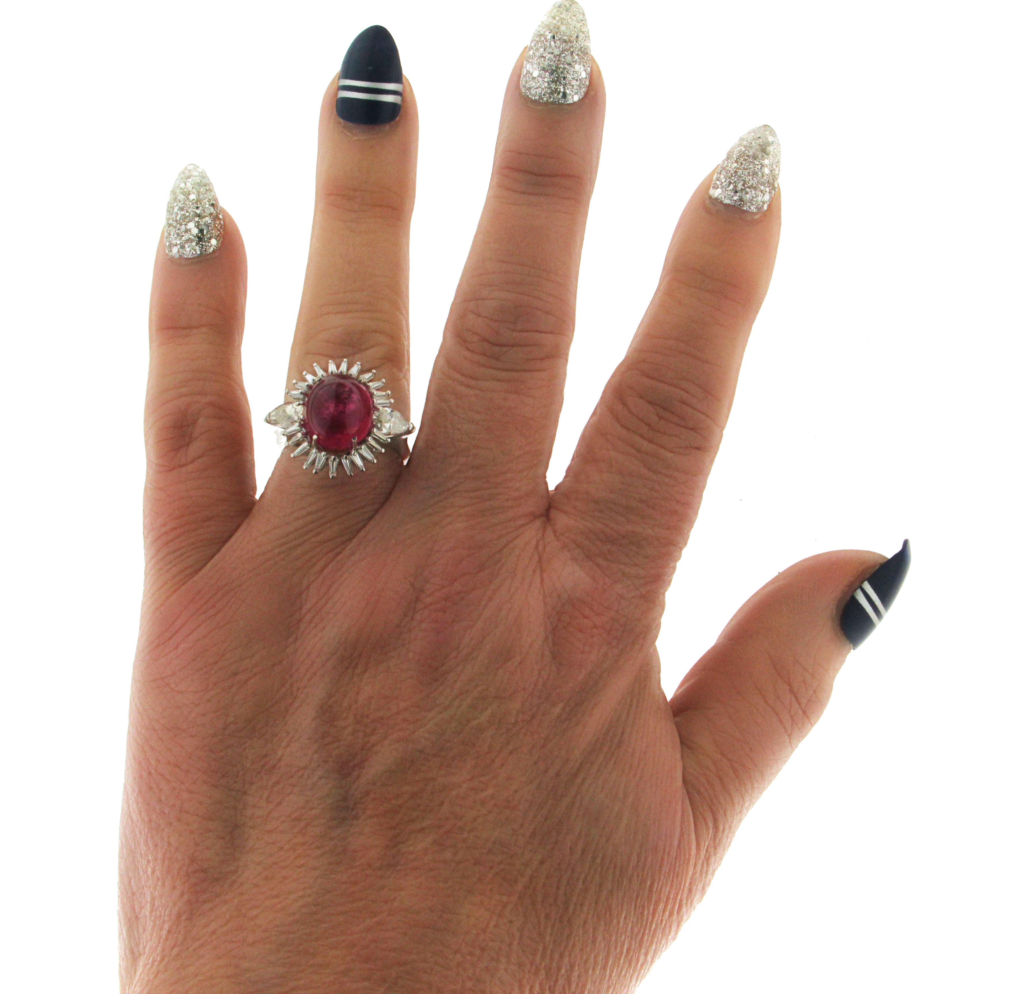 Handcraft Cabochon Rubelite 18 Karat White Gold Diamonds Cocktail Ring For Sale 1