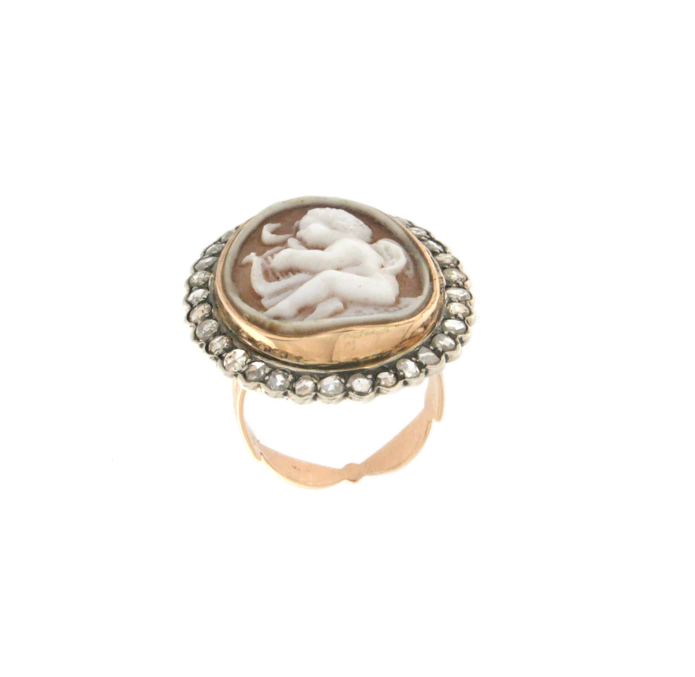 Handcraft Cameo 14 Karat Yellow Gold Diamonds Cocktail Ring In New Condition In Marcianise, IT