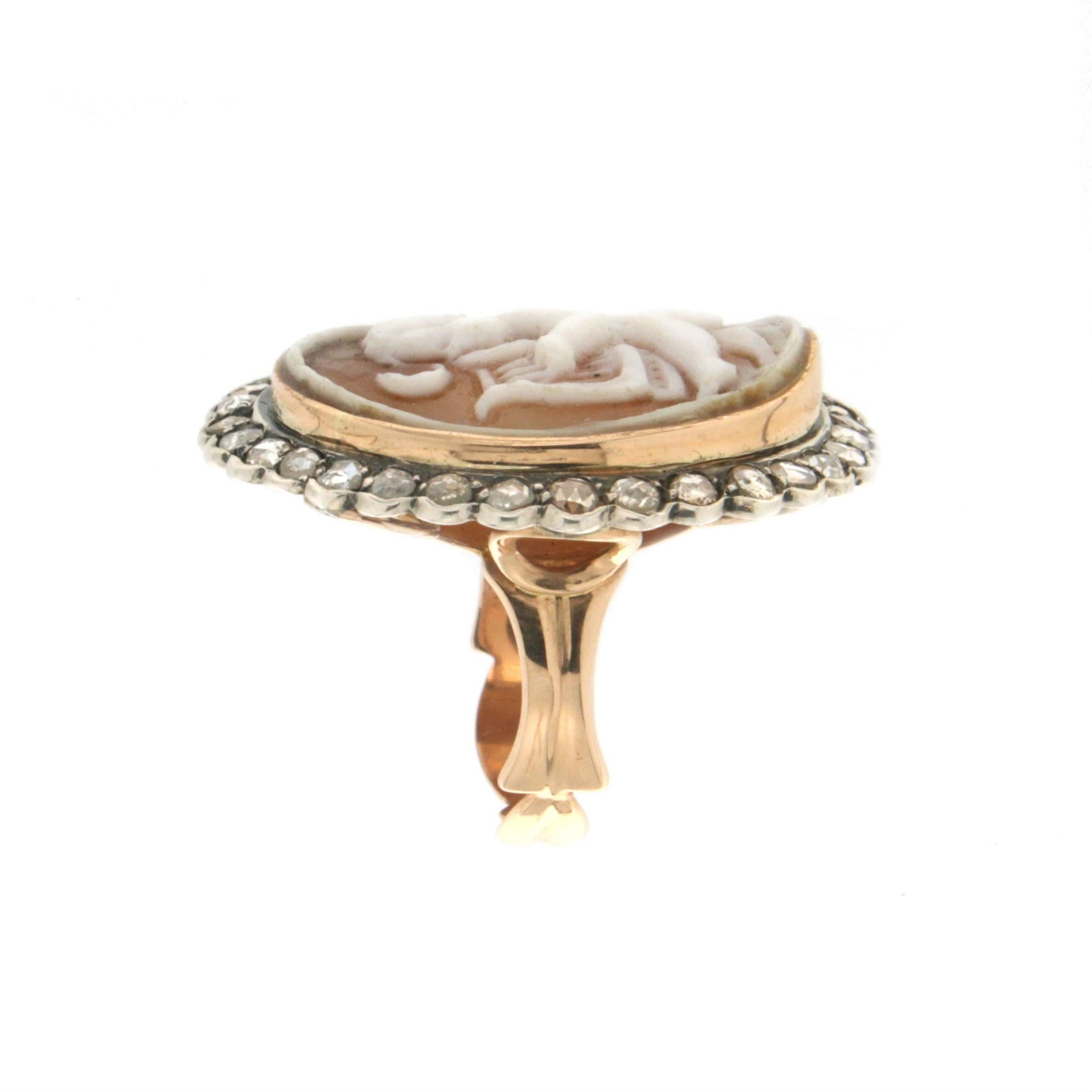 Women's or Men's Handcraft Cameo 14 Karat Yellow Gold Diamonds Cocktail Ring