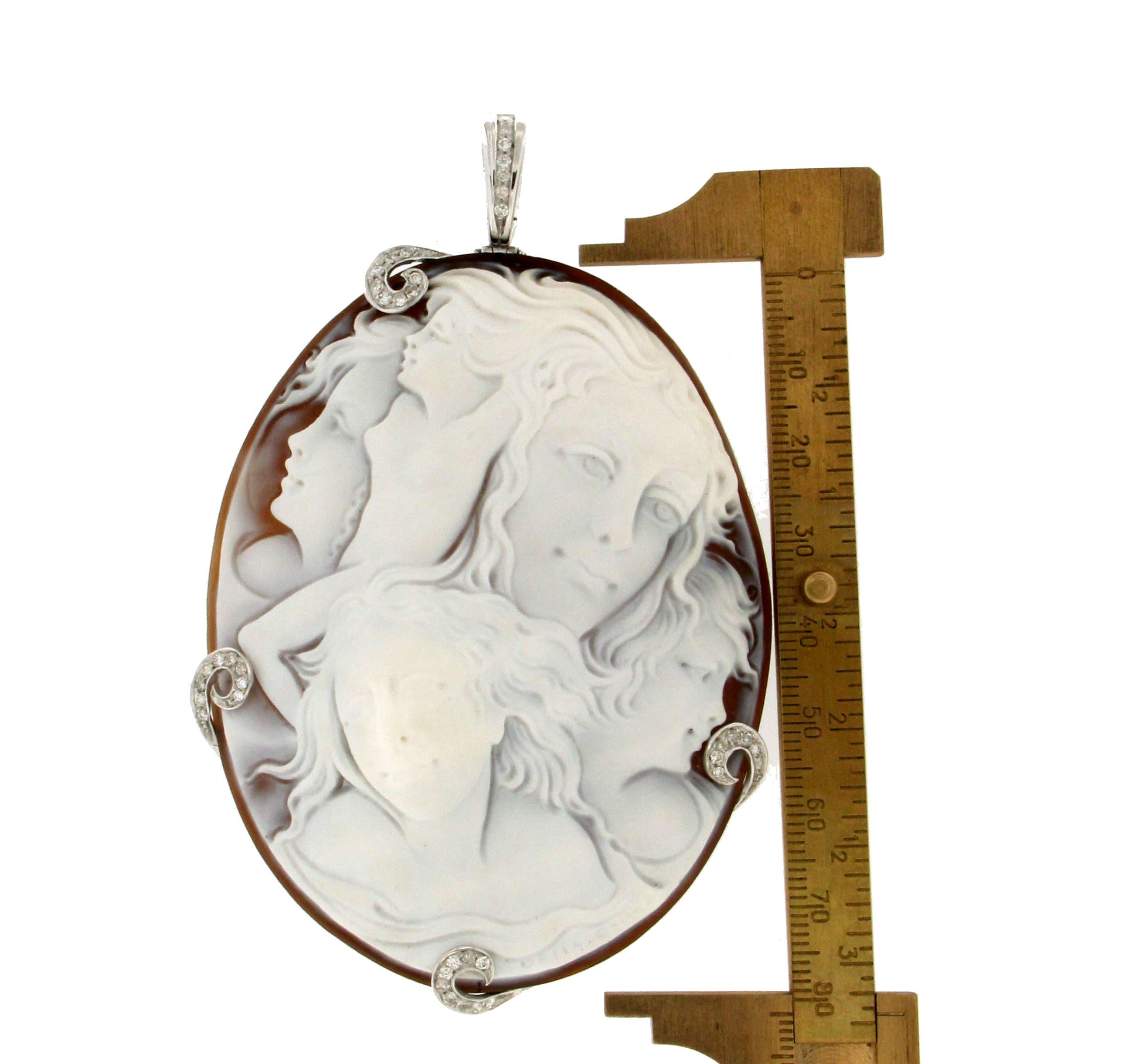 Artisan Handcraft Cameo 18 Karat White Gold Diamonds Pendant Necklace For Sale