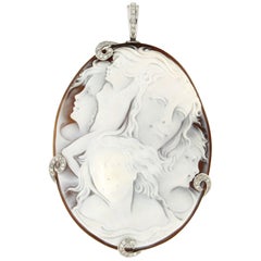 Handcraft Cameo 18 Karat White Gold Diamonds Pendant Necklace