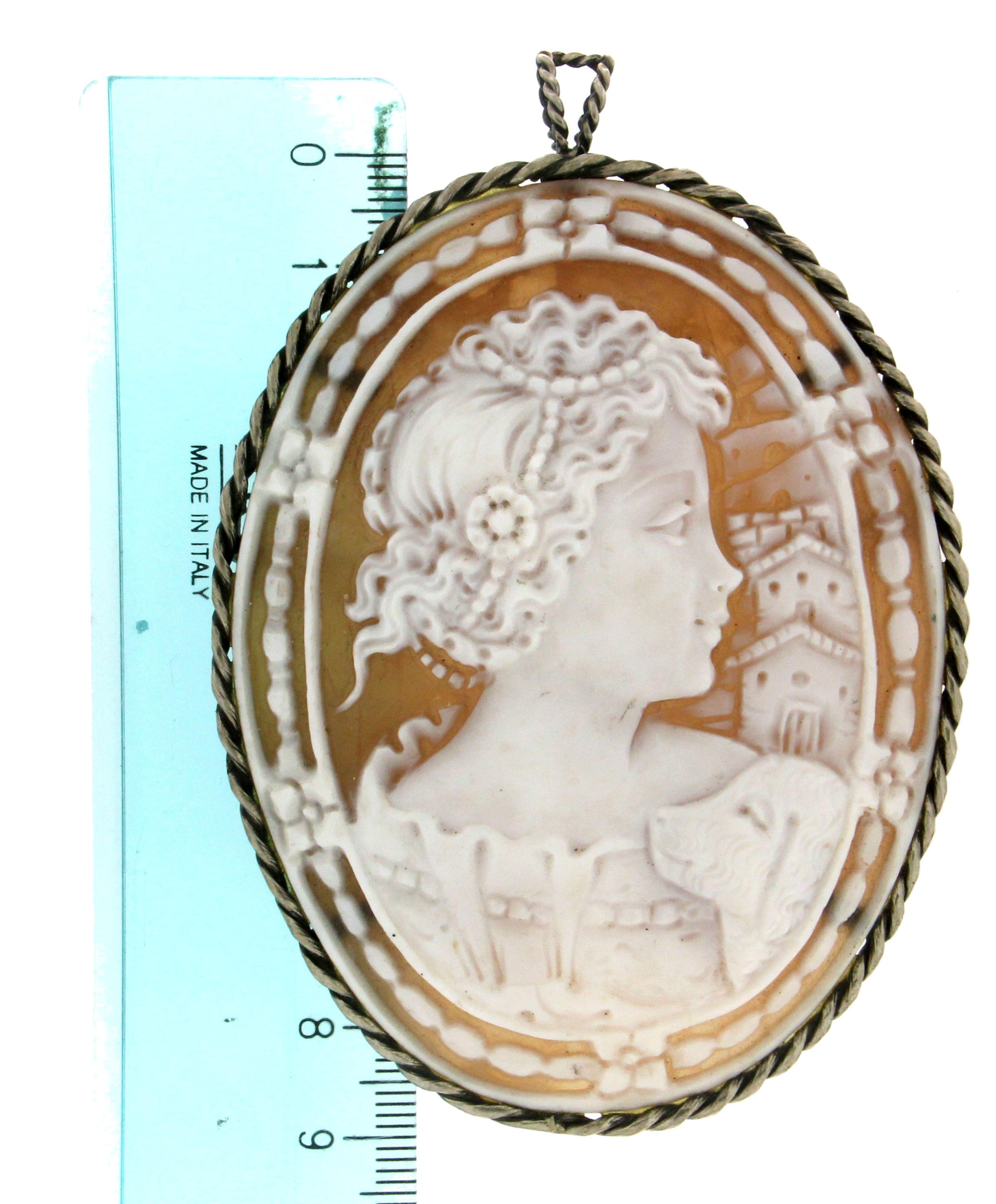 Artisan Handcraft Cameo 800 Thousandths Silver Brooch and Pendant Necklace For Sale