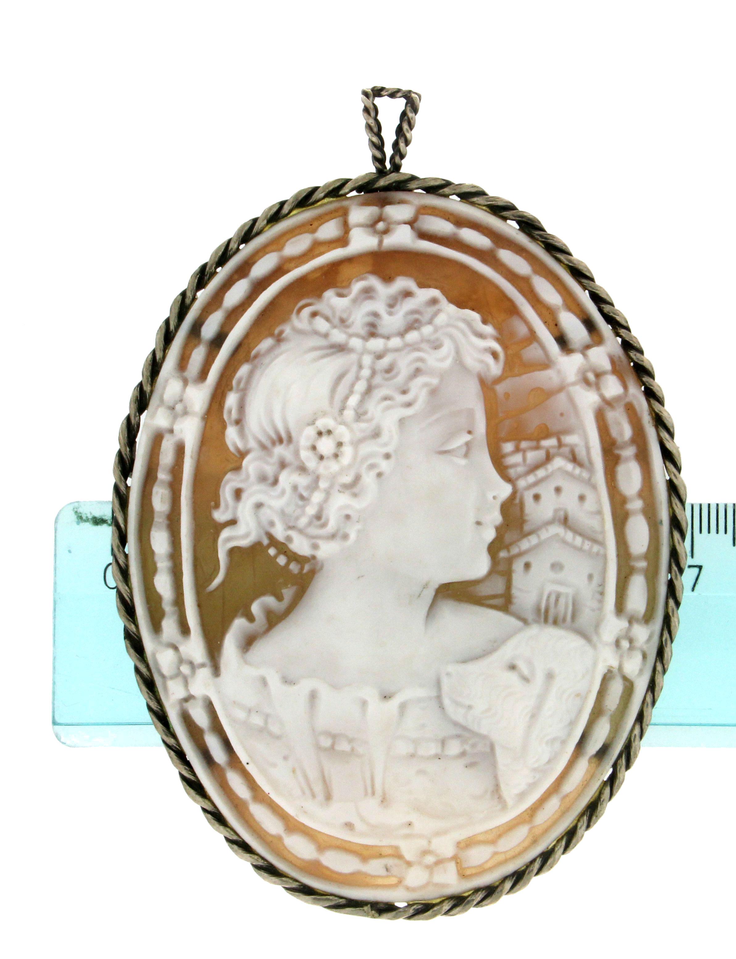Handcraft Cameo 800 Thousandths Silver Brooch and Pendant Necklace In New Condition For Sale In Marcianise, IT