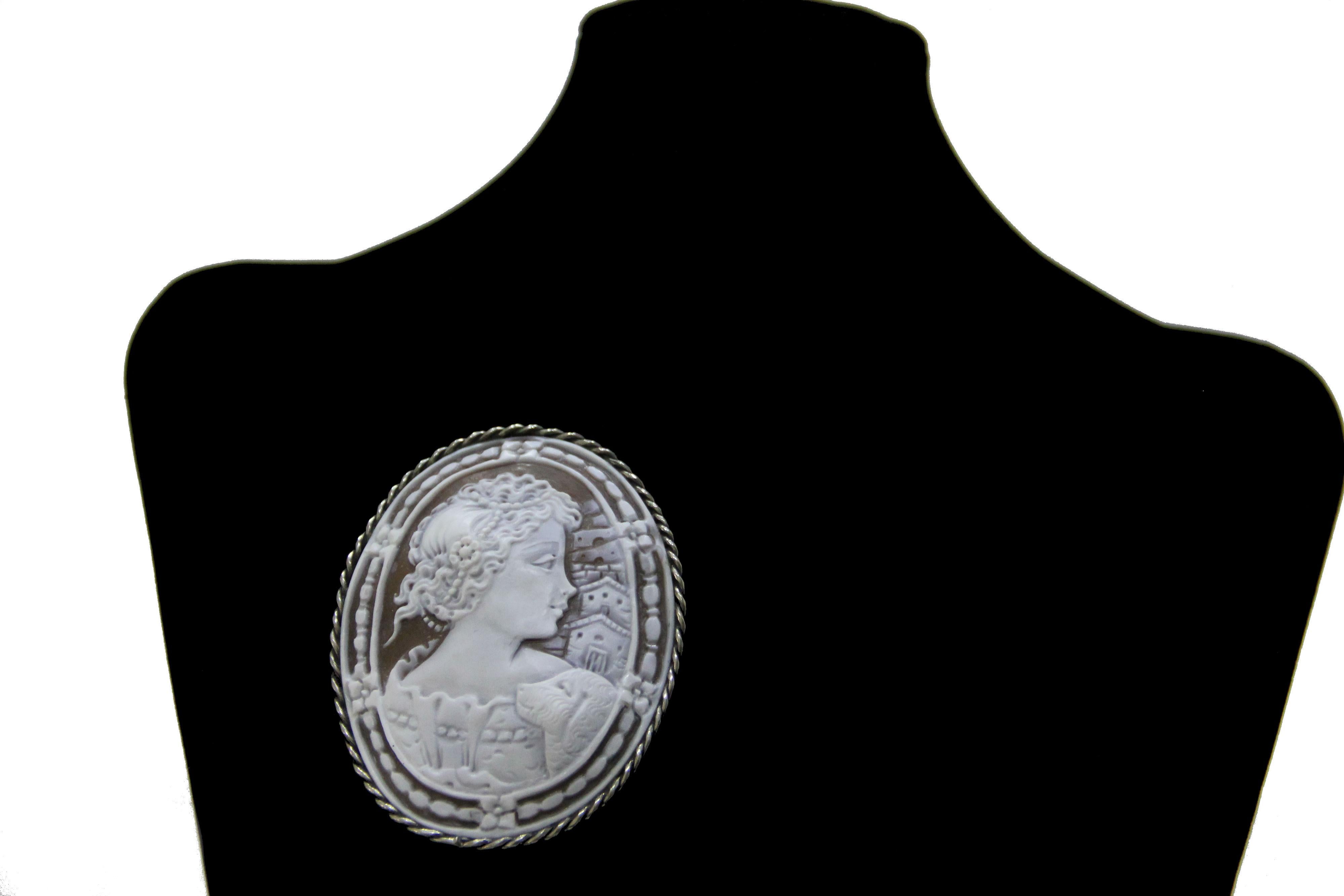 Handcraft Cameo 800 Thousandths Silver Brooch and Pendant Necklace For Sale 3