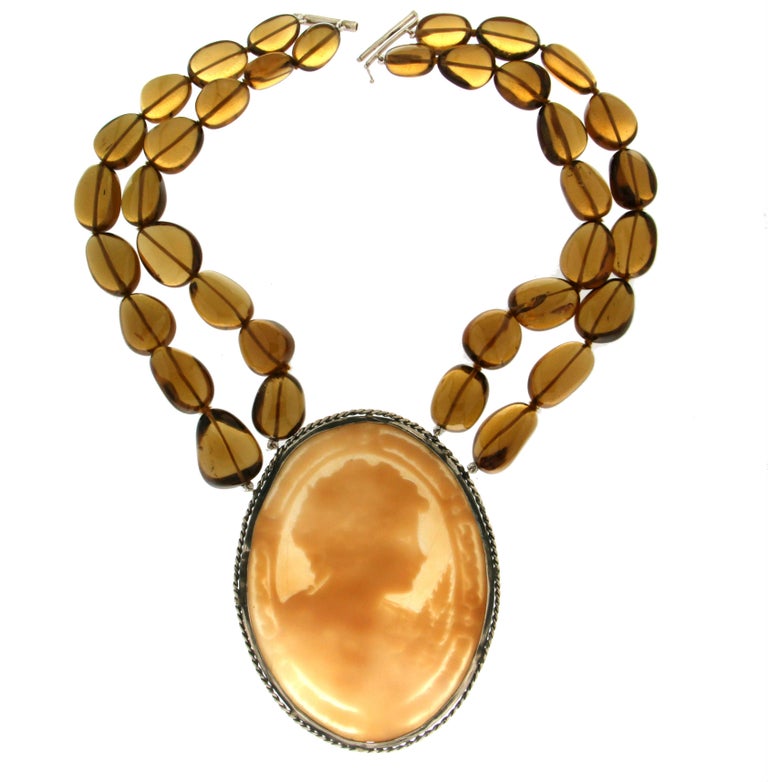 Handcraft Cameo 800 Thousandth Silver Citrine Beans Pendant Necklace
