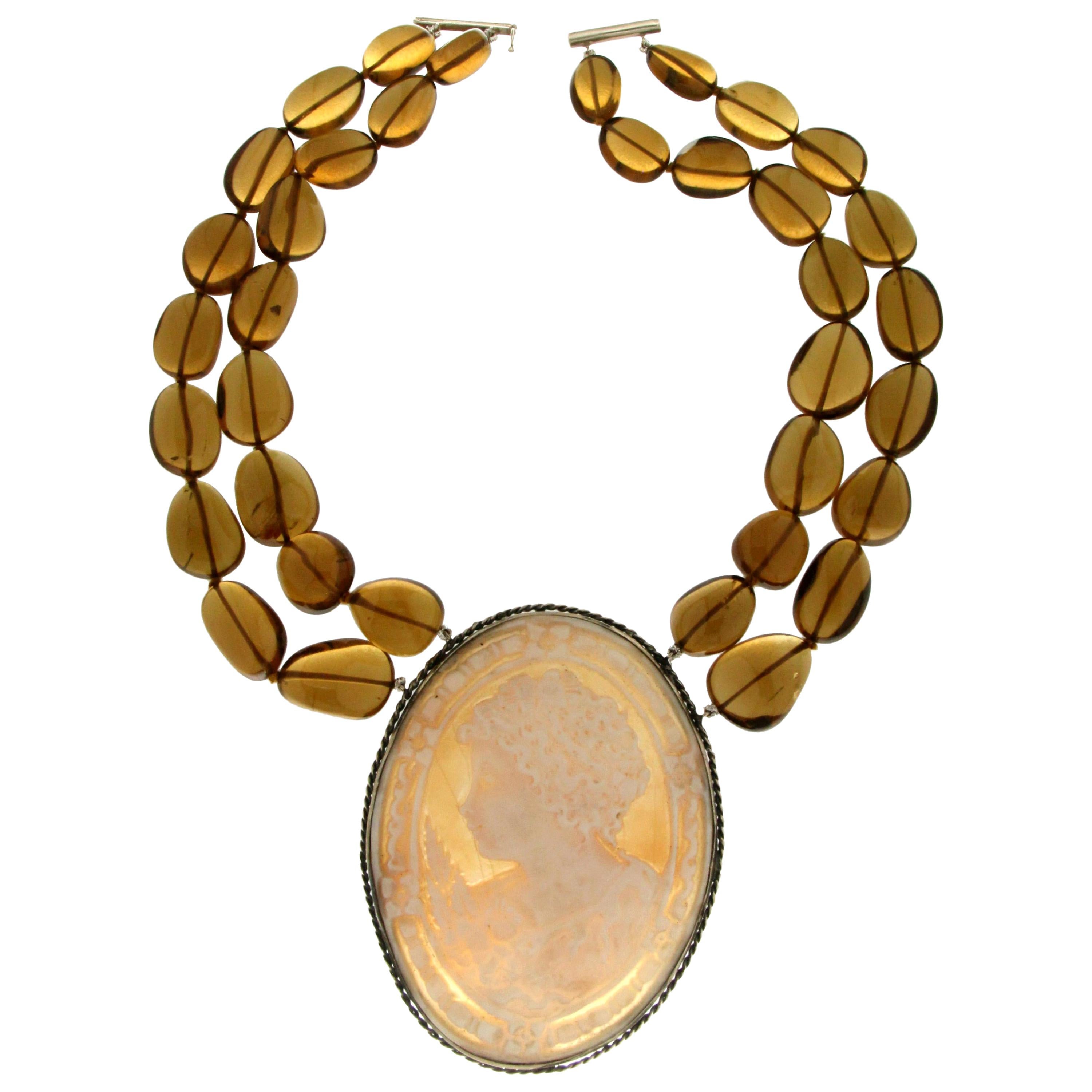 Handcraft Cameo 800 Thousandth Silver Citrine Beans Pendant Necklace