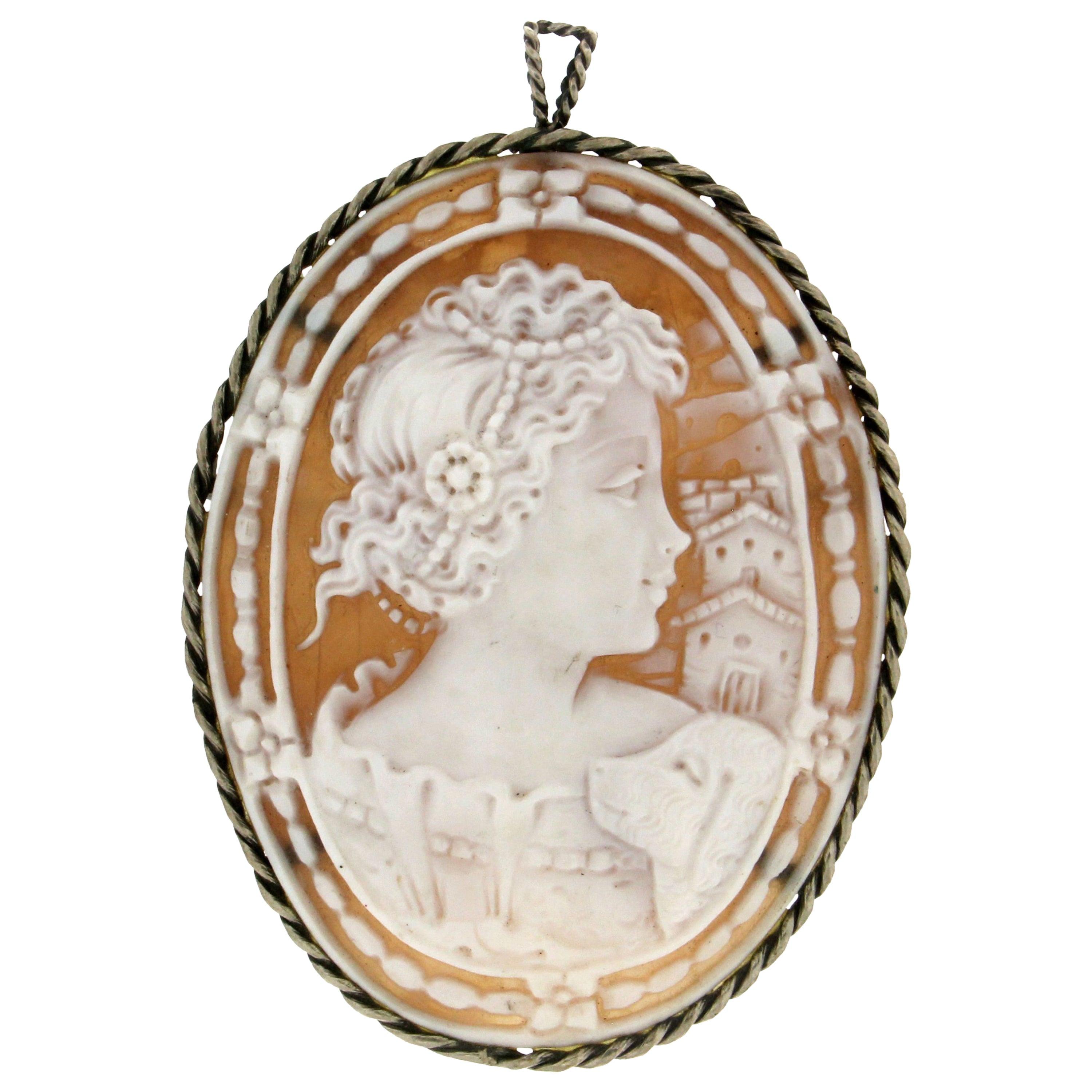 Handcraft Cameo 800 Thousandths Silver Brooch and Pendant Necklace For Sale