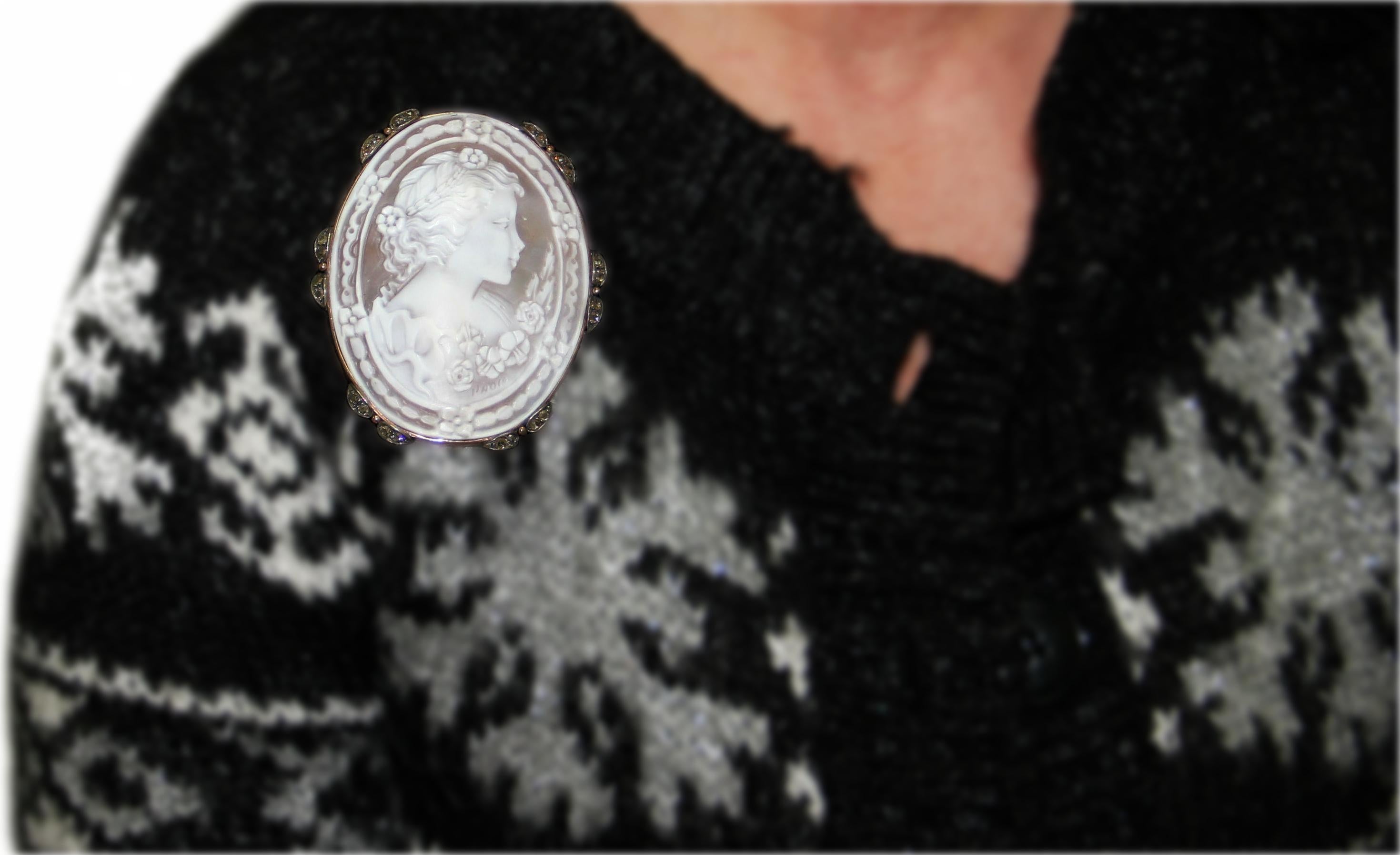 Handcraft Cameo 9 Karat Yellow Gold Diamonds Brooch For Sale 8