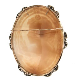 Vintage Victorian Style Hand-Carved Shell Cameo Diamond 9K Gold Silver Brooch