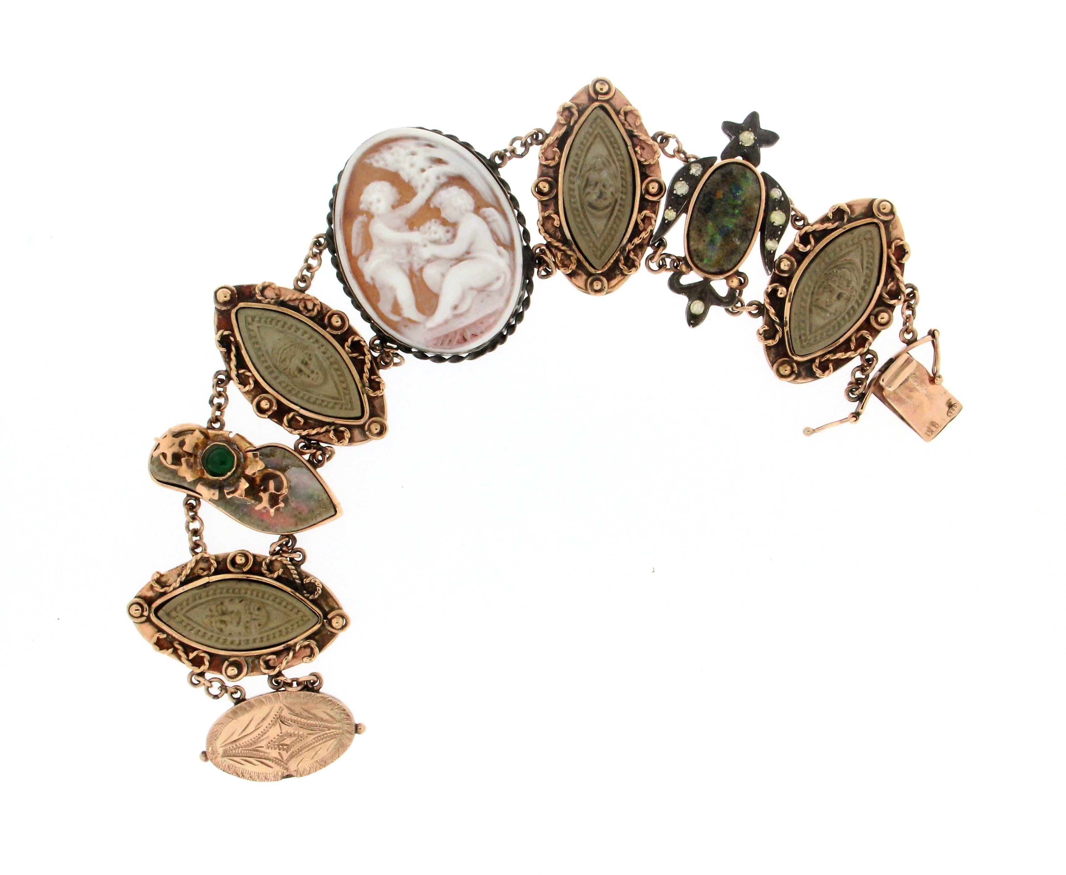Rétro Bracelet rétro artisanal camée en or jaune 9 carats avec diamants et pierres de lave en vente