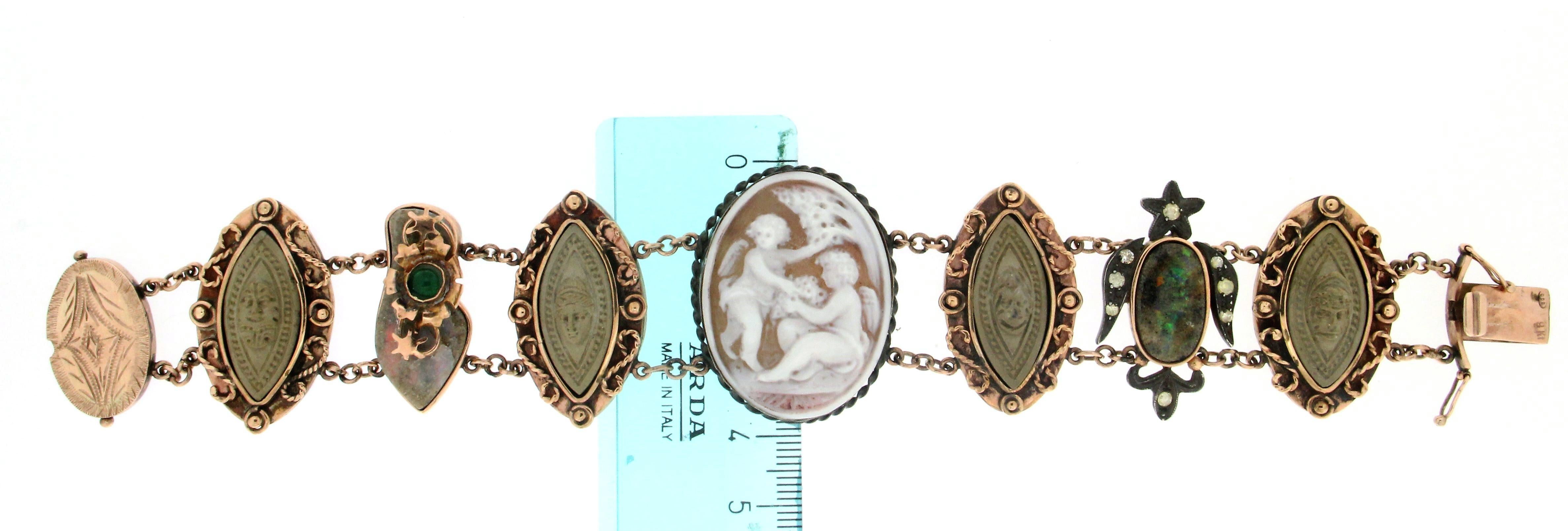 Bracelet rétro artisanal camée en or jaune 9 carats avec diamants et pierres de lave Unisexe en vente