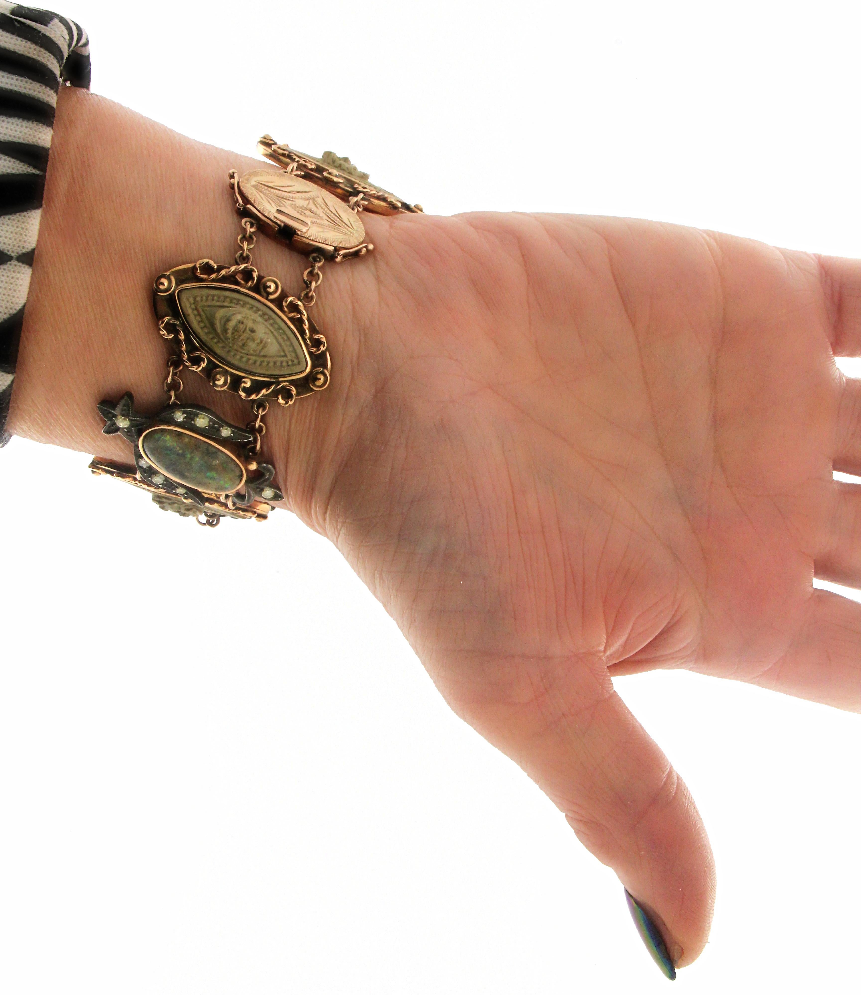 Bracciale artigianale Cameo in oro giallo 9 carati con diamanti e lava in vendita 2