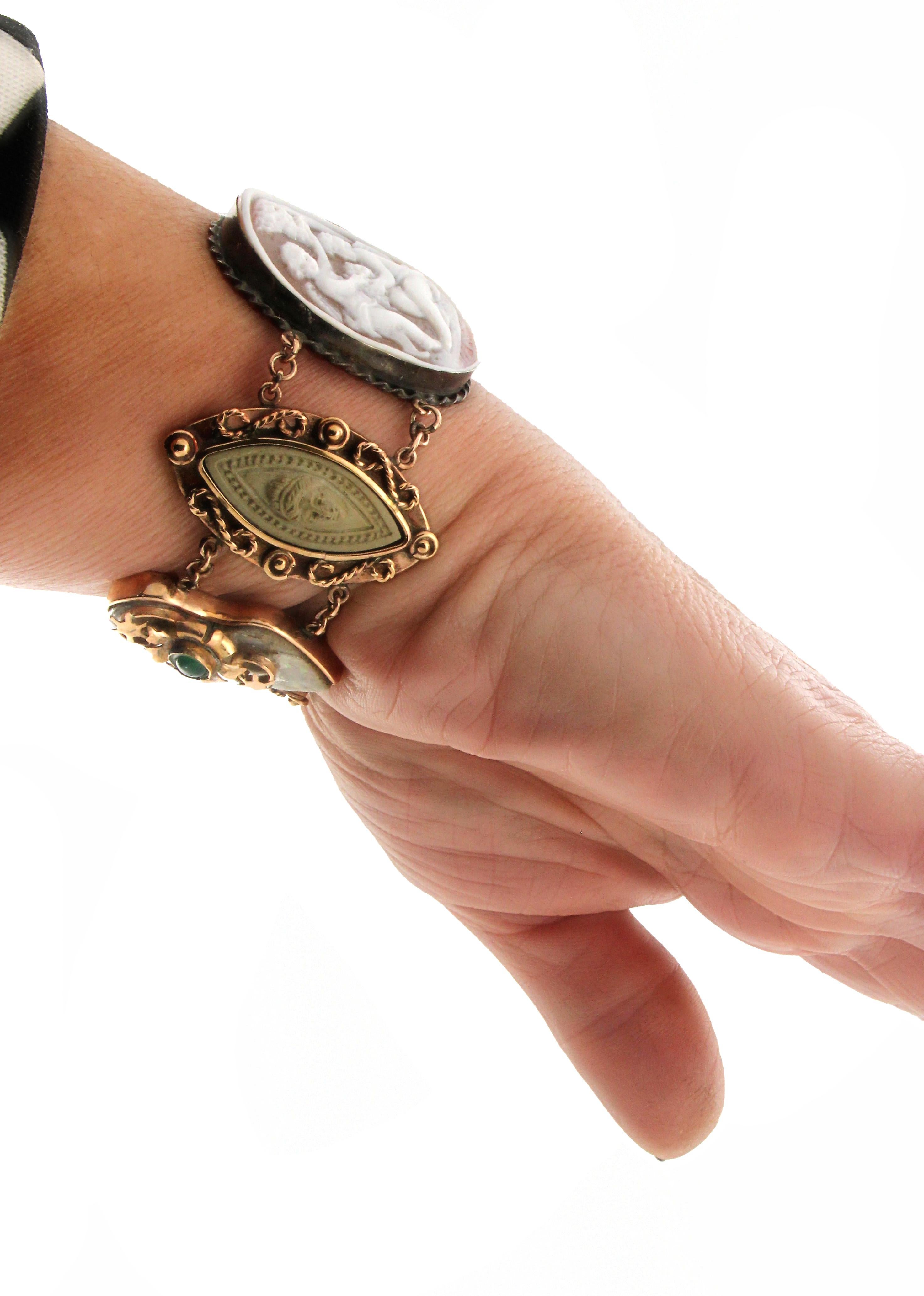 Bracciale artigianale Cameo in oro giallo 9 carati con diamanti e lava in vendita 3