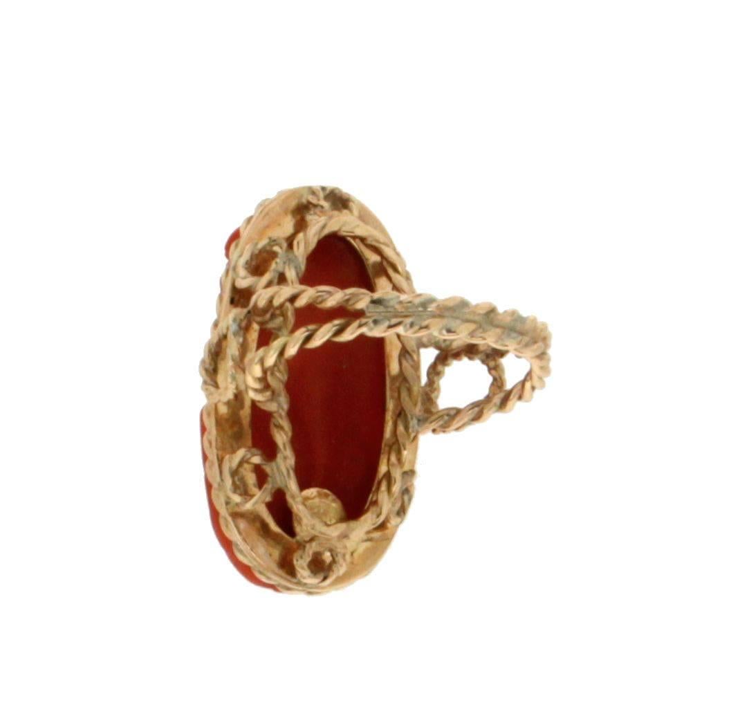 Artisan Handcraft Cameo Coral 14 Karat Yellow Gold Cocktail Ring For Sale