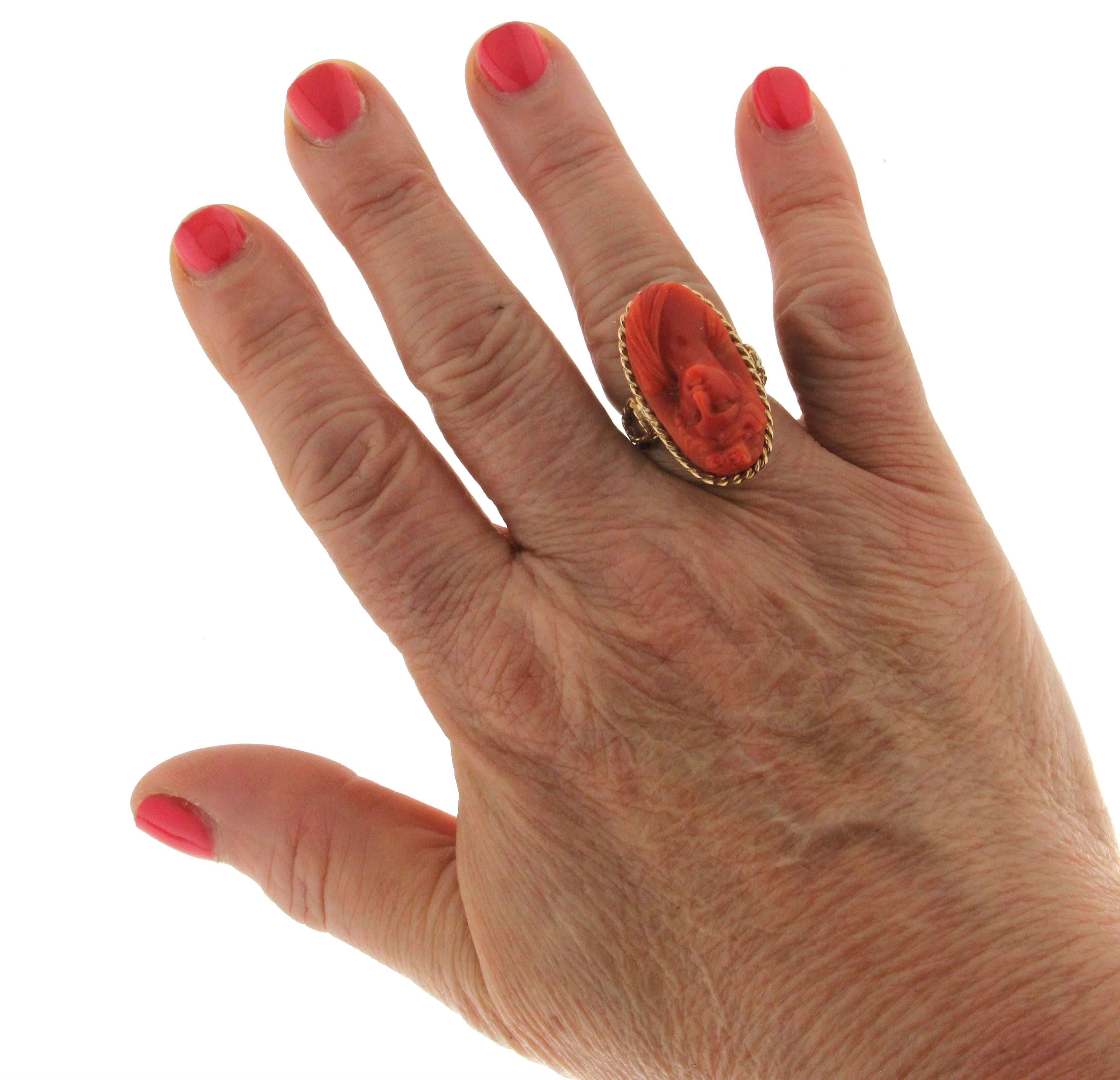 Uncut Handcraft Cameo Coral 14 Karat Yellow Gold Cocktail Ring For Sale