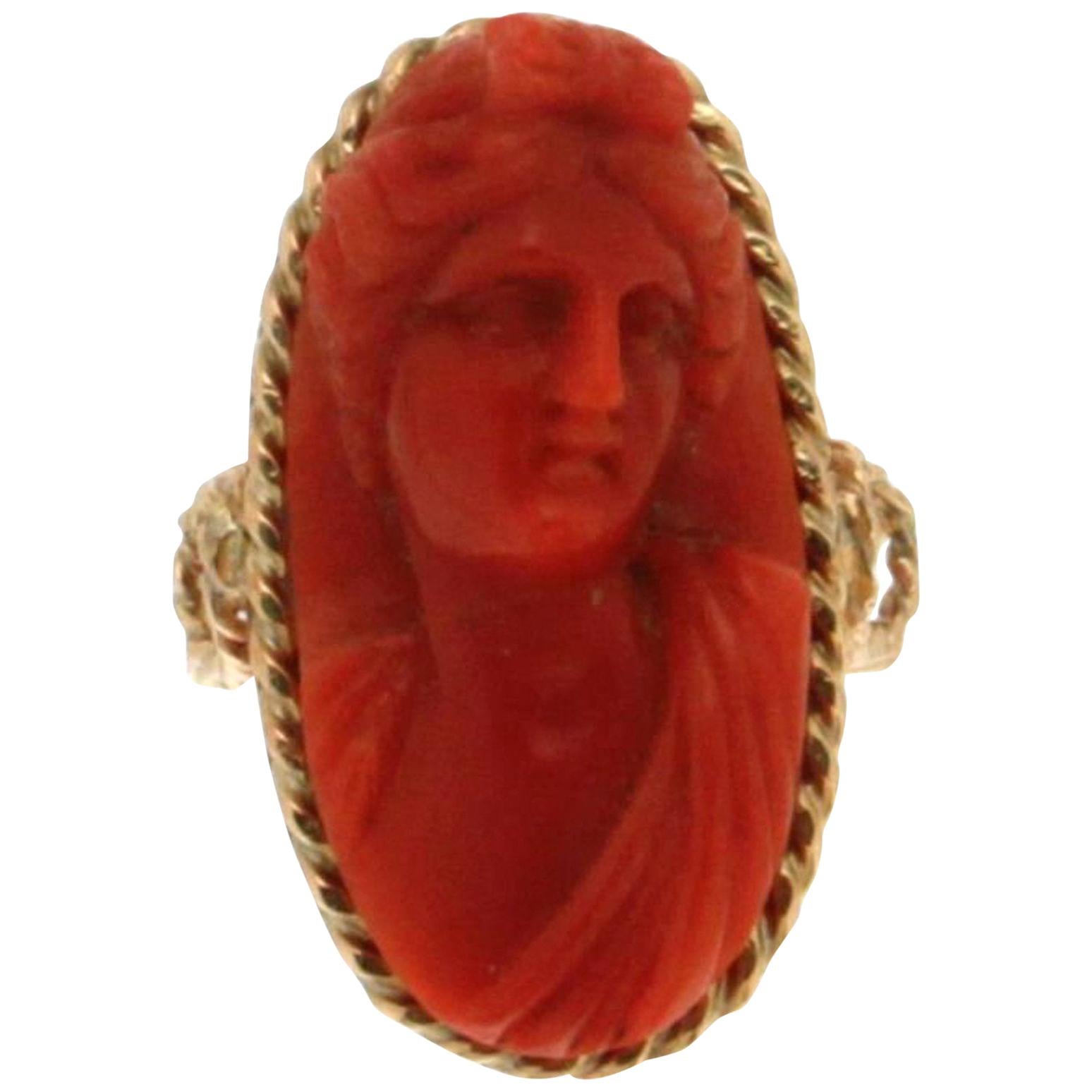 Handcraft Cameo Coral 14 Karat Yellow Gold Cocktail Ring For Sale