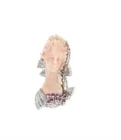 Handcraft Cameo Coral 18 Karat White Gold Ruby Diamonds Brooch