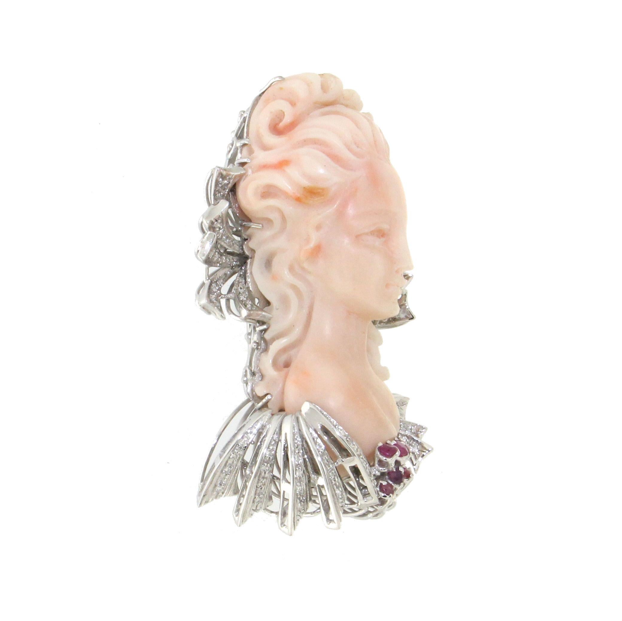 Handcraft Cameo Coral 18 Karat White Gold Ruby Diamonds Brooch In New Condition For Sale In Marcianise, IT