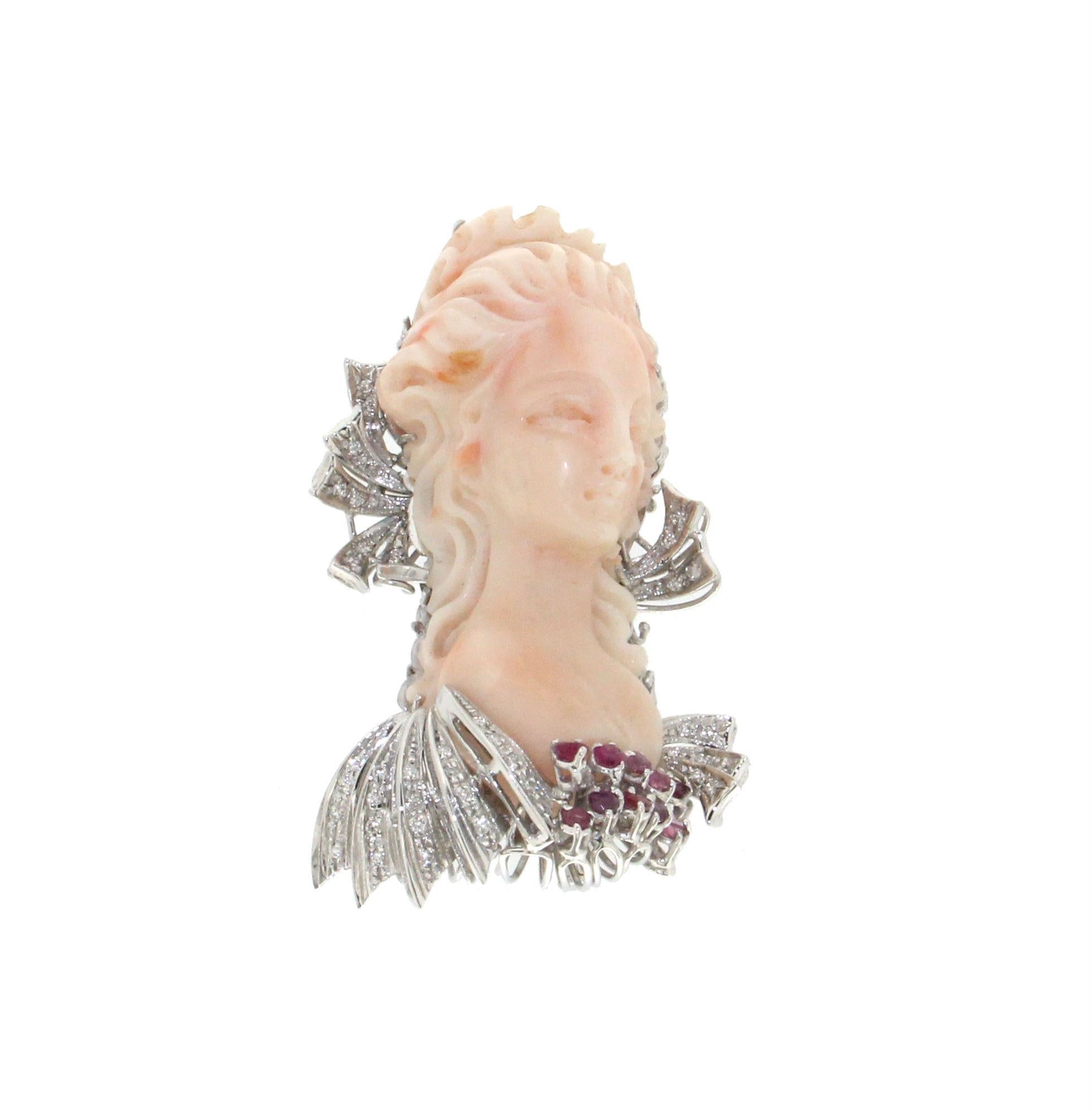 Handcraft Cameo Coral 18 Karat White Gold Ruby Diamonds Brooch For Sale 1