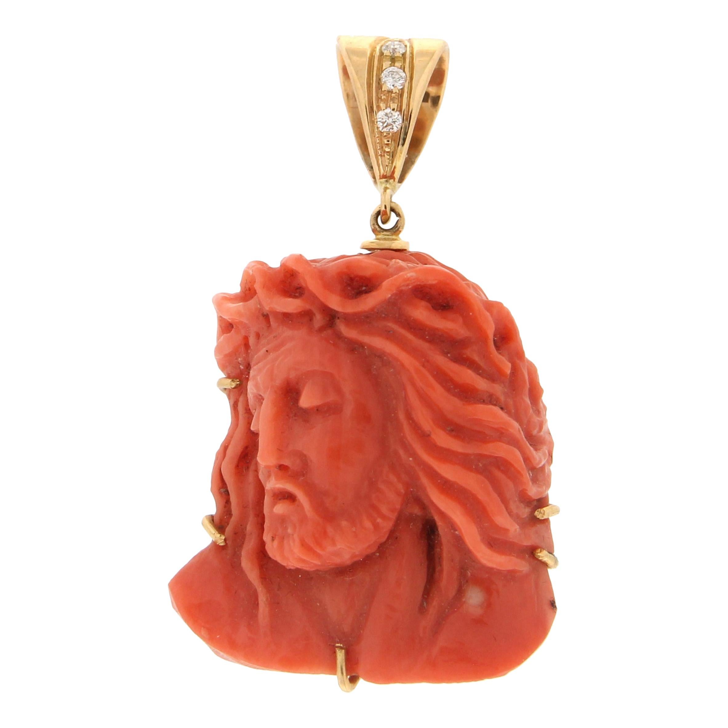 Handcraft Cameo Coral 18 Karat Yellow Gold Diamonds Pendant Necklace