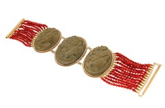 Pulsera Artesanal Camafeo Lava Oro Amarillo 14 Kilates Pulsera de Cuentas de Coral Natural