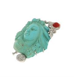 Handcraft Cameo Turquoise 18 Karat White Gold Coral Diamonds Brooch and Pendant