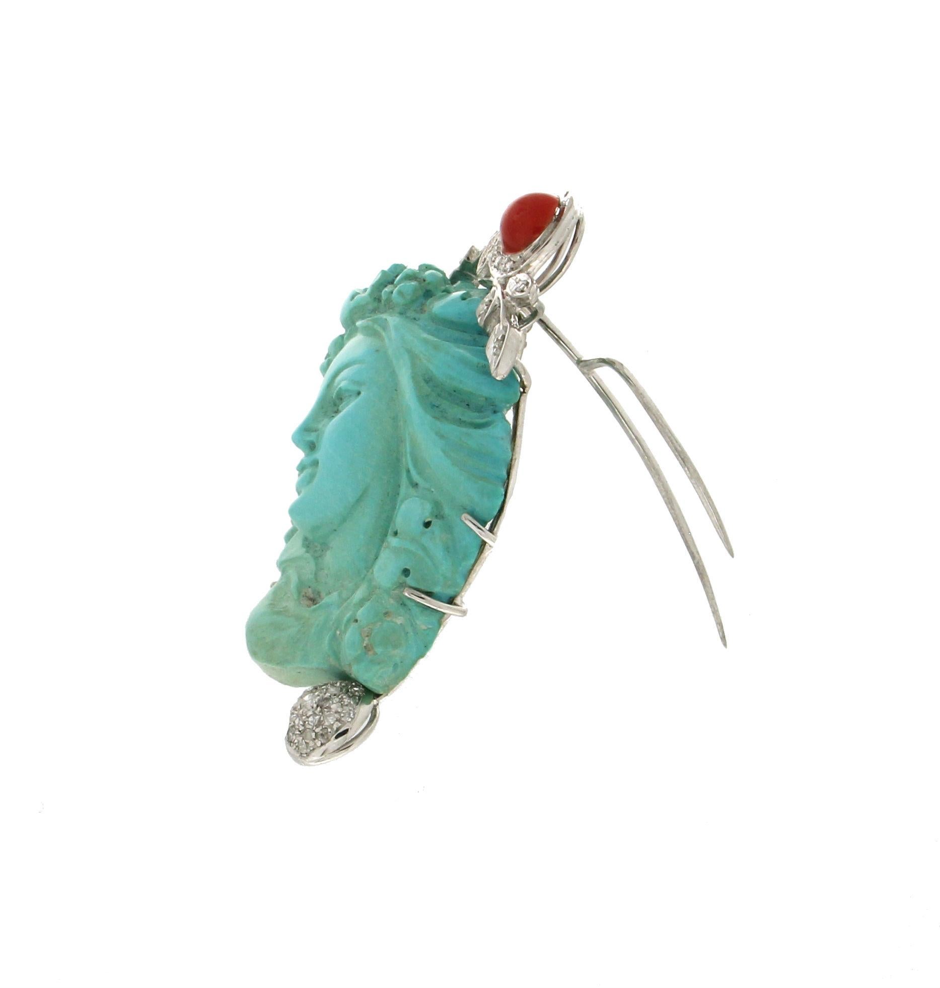 Artisan Handcraft Cameo Turquoise 18 Karat White Gold Coral Diamonds Brooch and Pendant For Sale