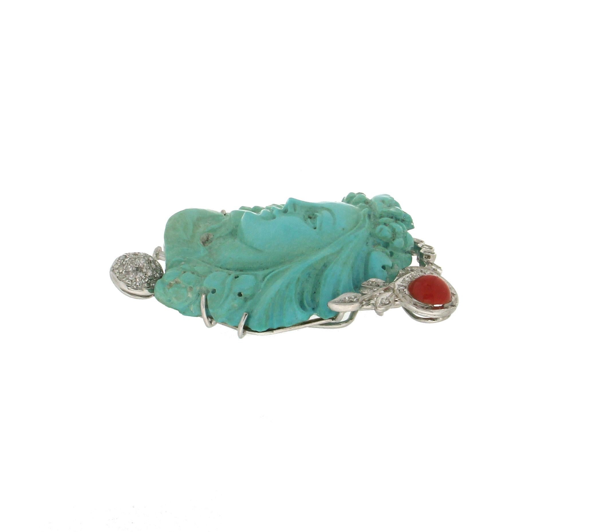 Brilliant Cut Handcraft Cameo Turquoise 18 Karat White Gold Coral Diamonds Brooch and Pendant For Sale