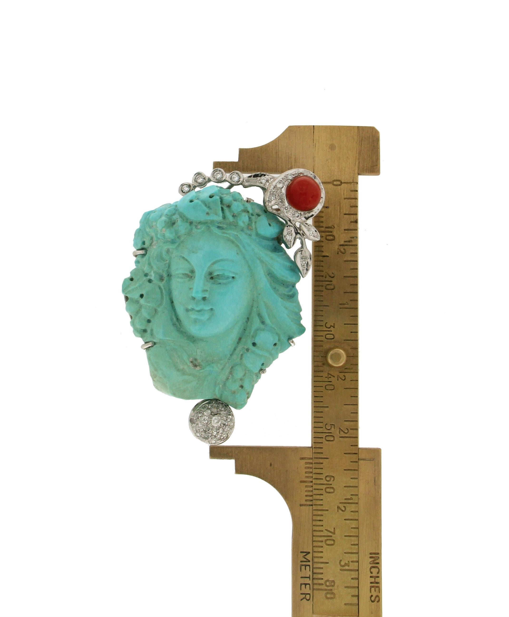 Handcraft Cameo Turquoise 18 Karat White Gold Coral Diamonds Brooch and Pendant For Sale 1
