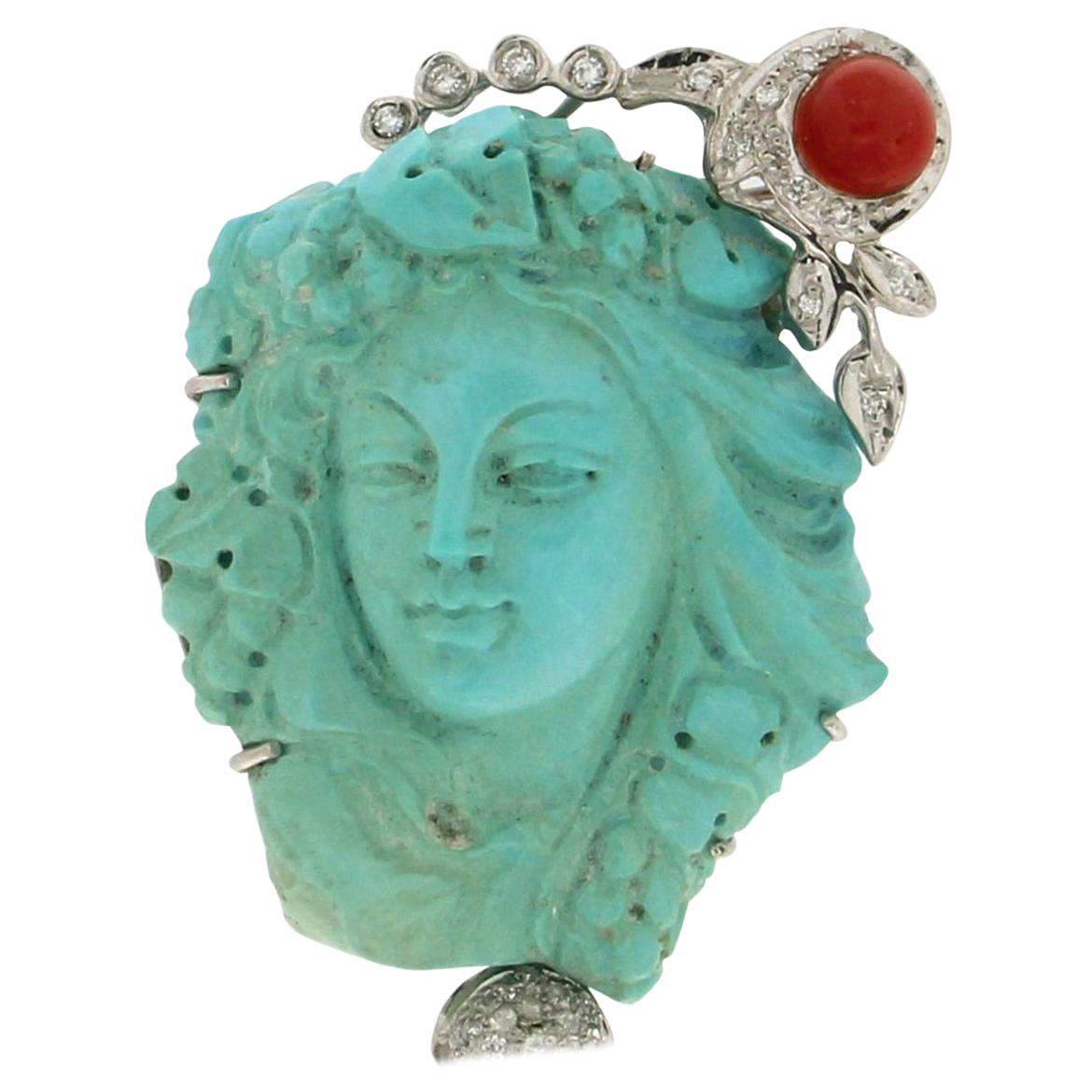 Handcraft Cameo Turquoise 18 Karat White Gold Coral Diamonds Brooch and Pendant