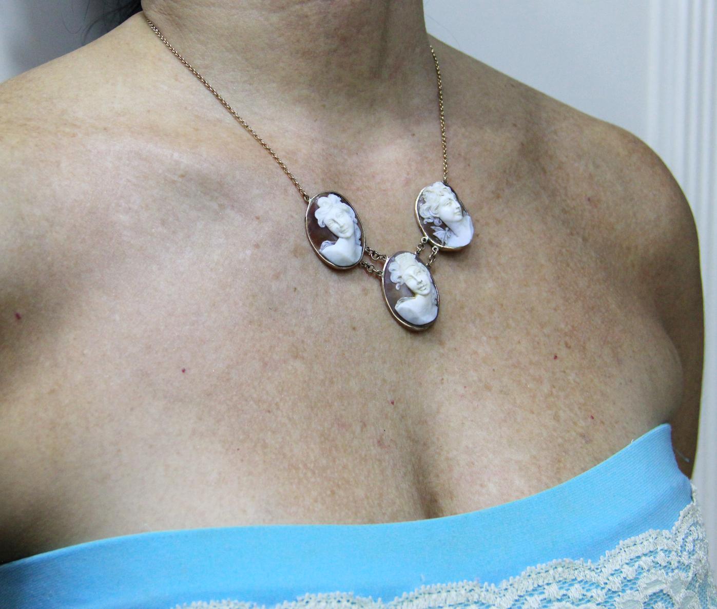 Collier de gouttes en or jaune 9 carats avec camées Handcraft en vente 3