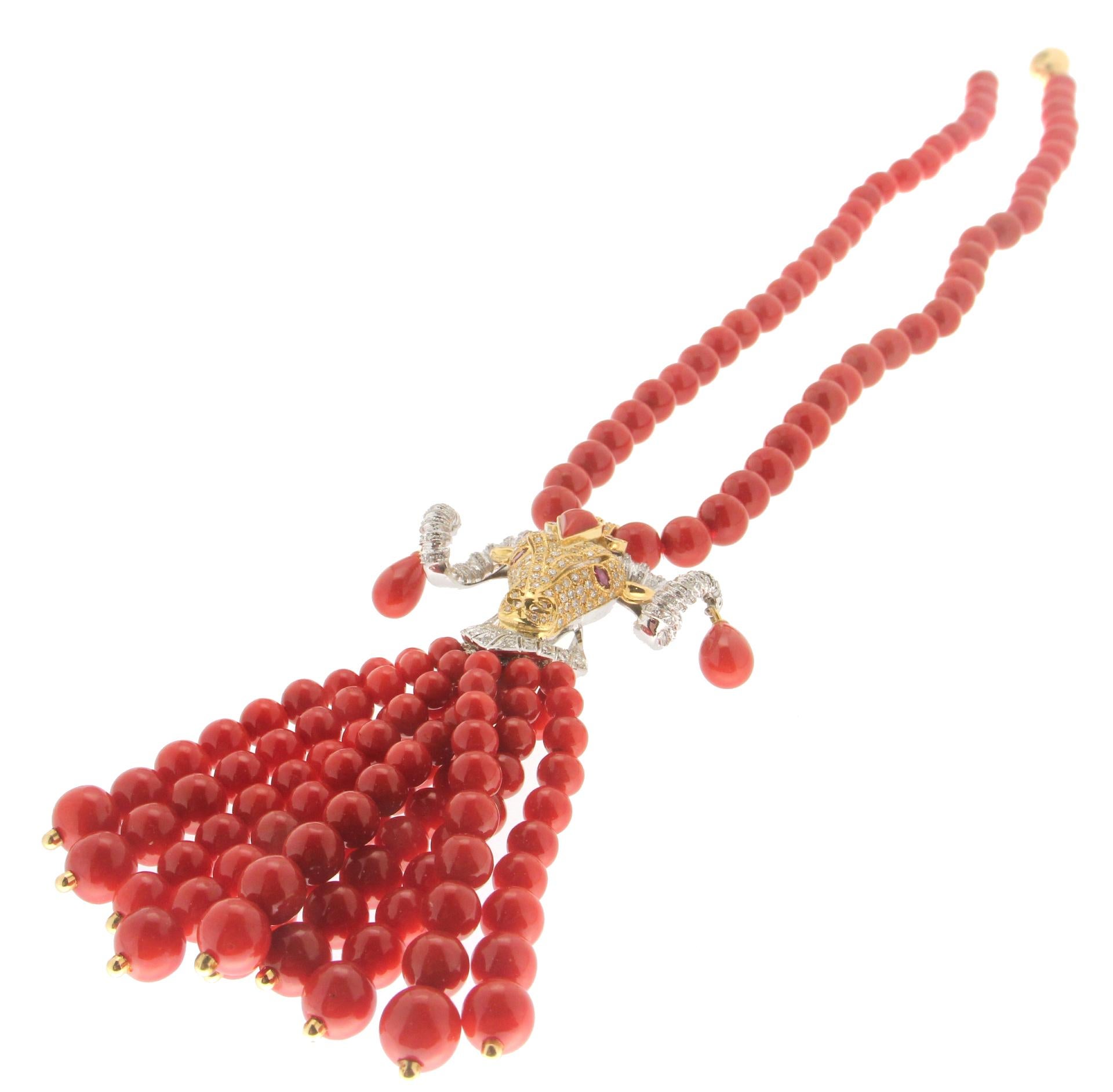 Brilliant Cut Handcraft Capricorn 18 Karat White and Yellow Gold Diamonds Coral Drop Necklace