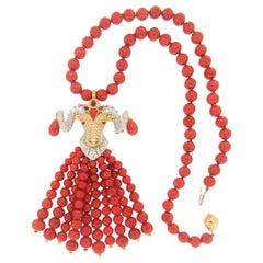 Handcraft Capricorn 18 Karat White and Yellow Gold Diamonds Coral Drop Necklace