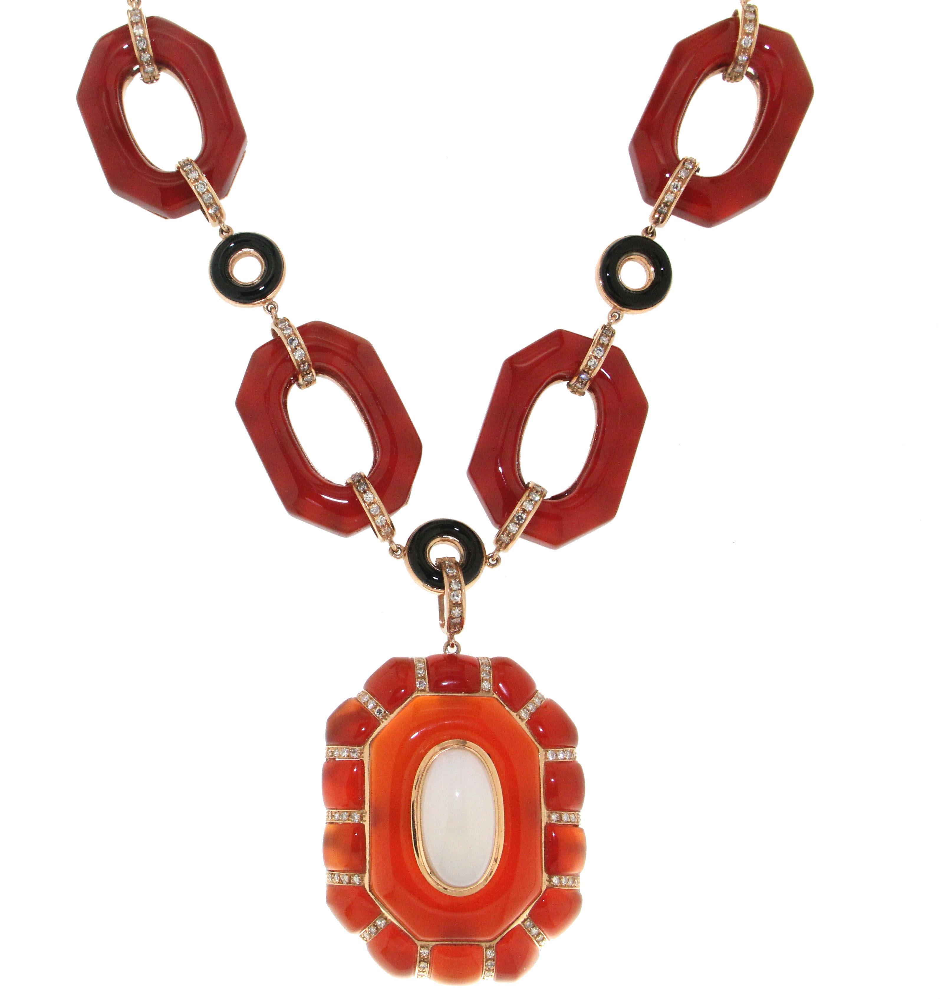 Artisan Handcraft Carnelian 14 Karat Yellow Gold Onyx Diamonds Agate Drop Necklace For Sale