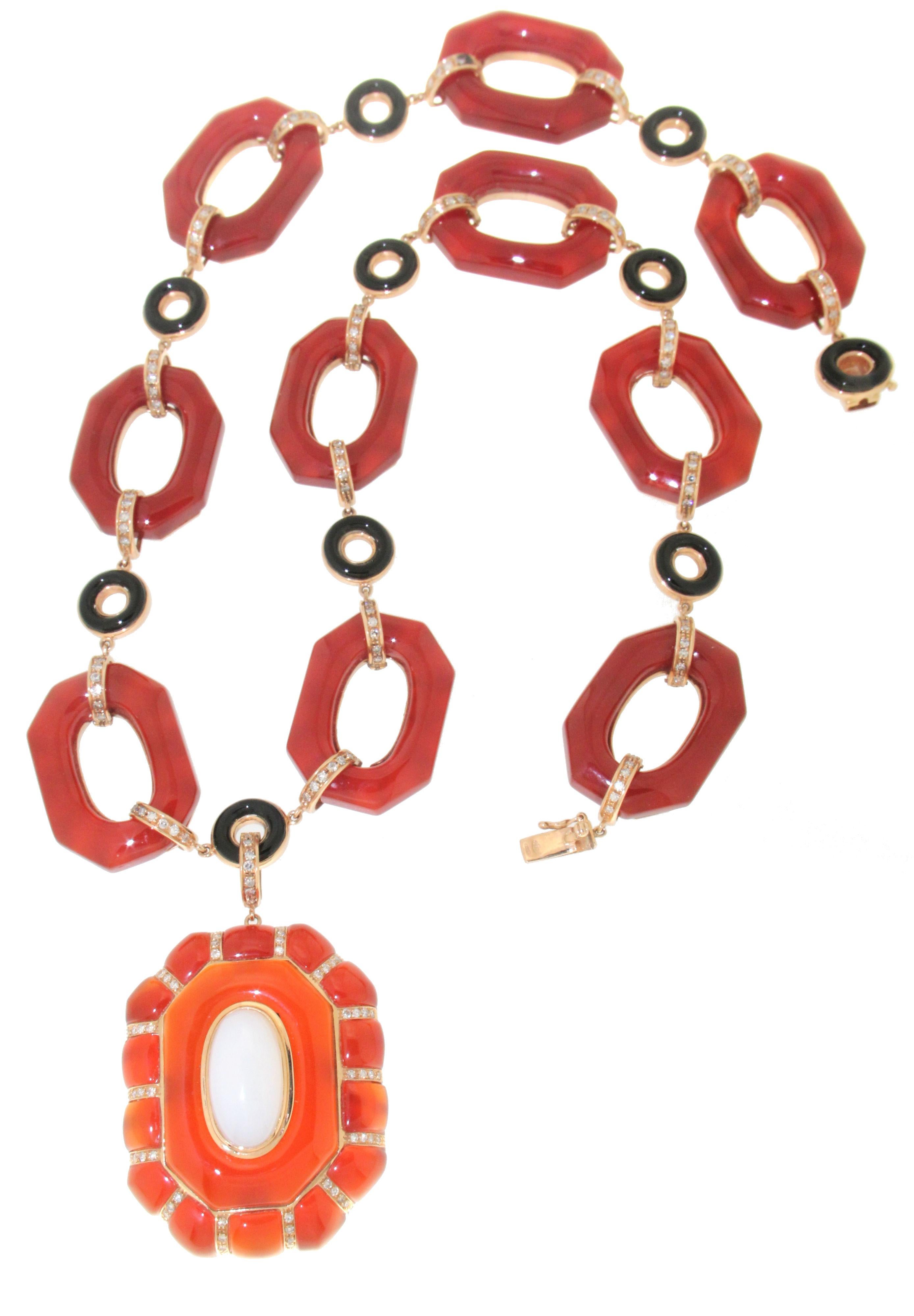 Handcraft Carnelian 14 Karat Yellow Gold Onyx Diamonds Agate Drop Necklace In New Condition For Sale In Marcianise, IT