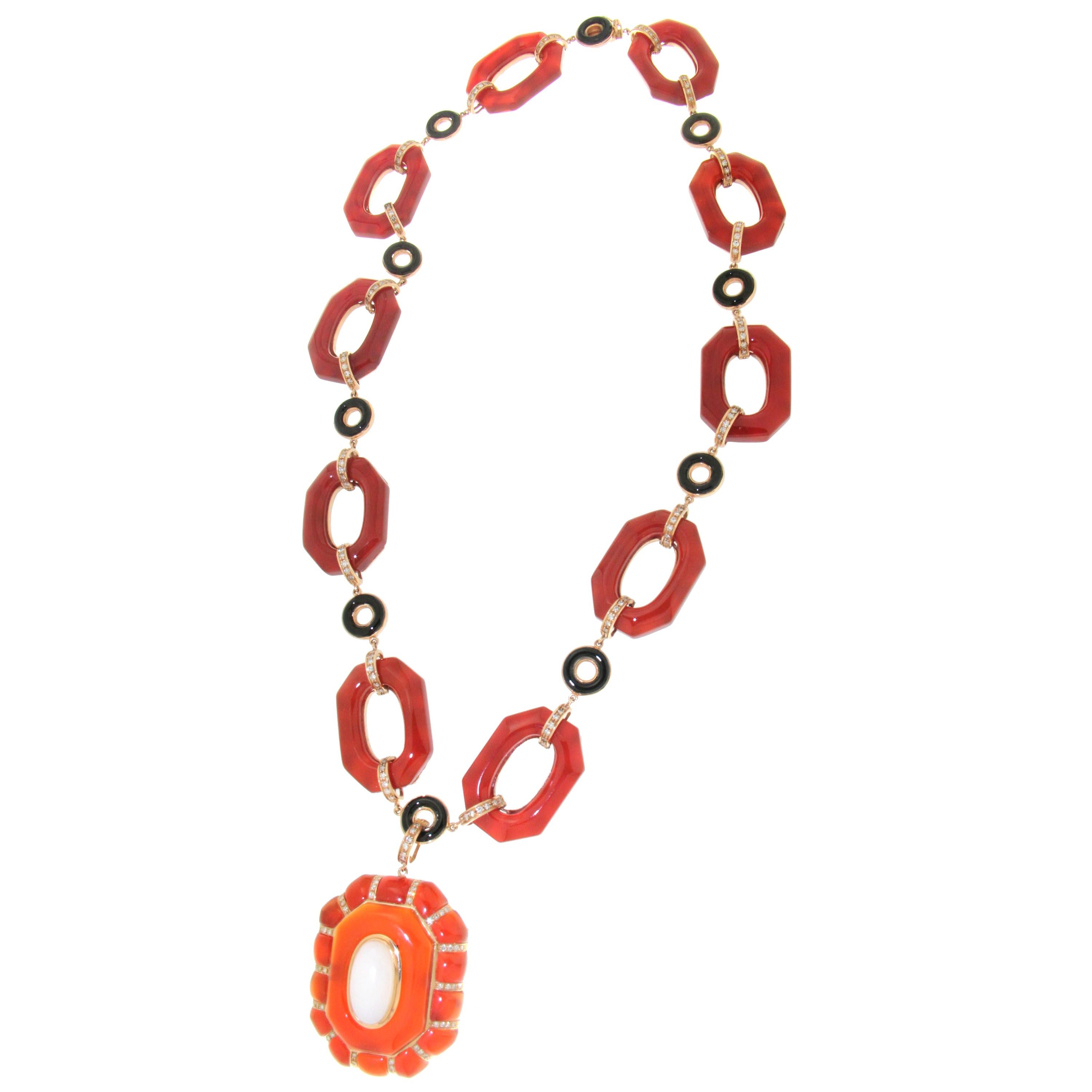 Handcraft Carnelian 14 Karat Yellow Gold Onyx Diamonds Agate Drop Necklace