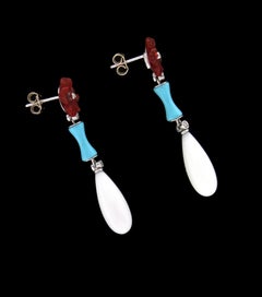 Handcraft Carnelian Flowers 18 Karat White Gold Agate Diamonds Drop Earrings