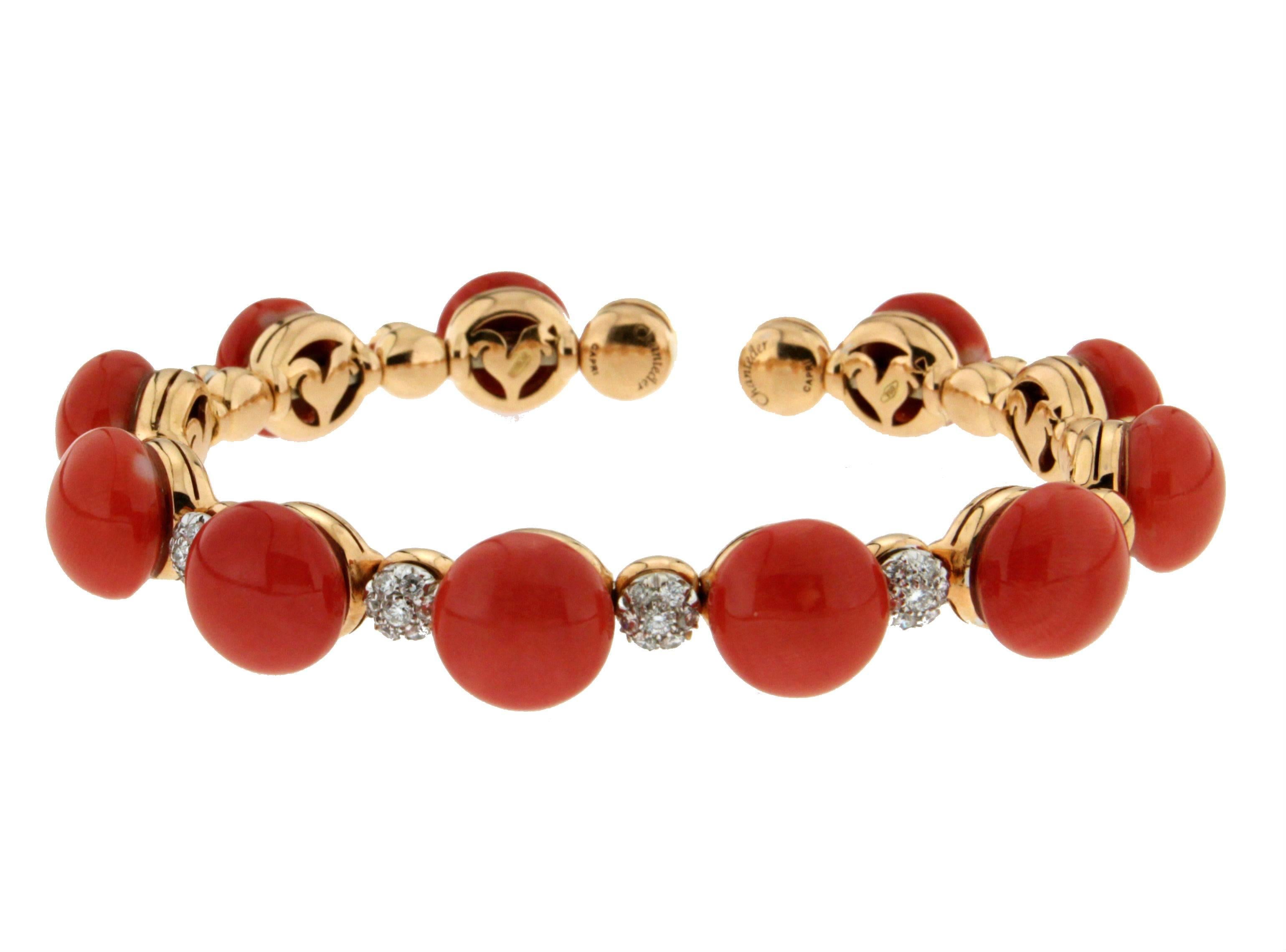 Brilliant Cut Handcraft Chantecler Capri Coral 18 Karat Yellow Gold Diamonds Bangle Bracelet