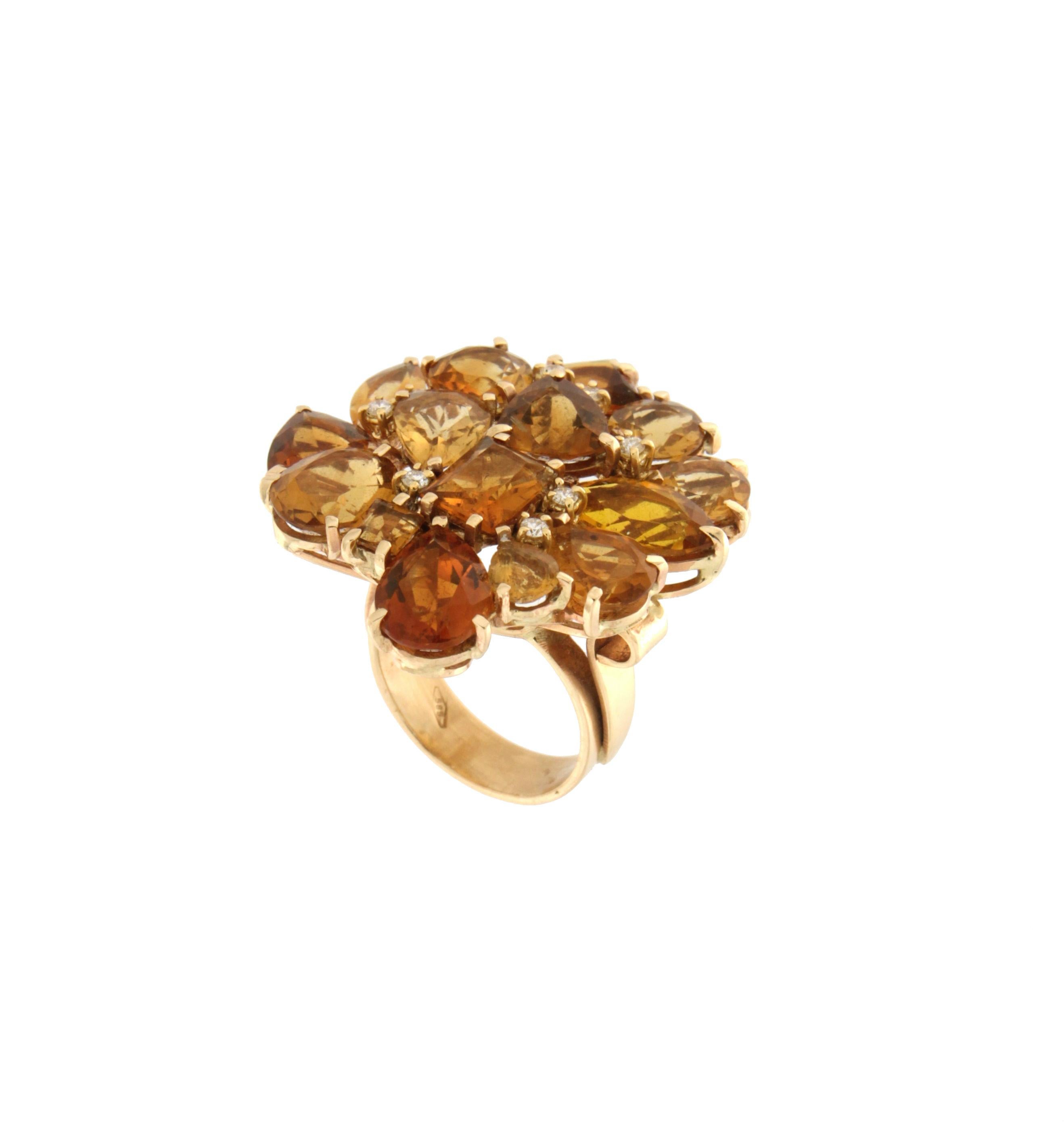 Mixed Cut Handcraft Citrine 14 Karat Yellow Gold Diamonds Cocktail Ring For Sale