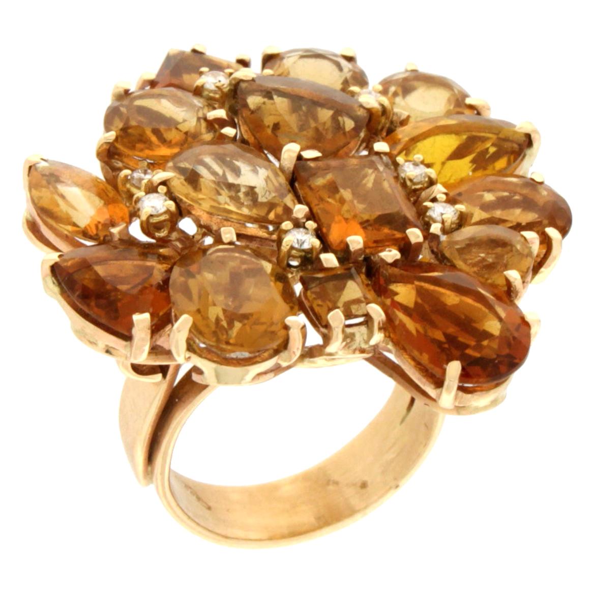 Handcraft Citrine 14 Karat Yellow Gold Diamonds Cocktail Ring