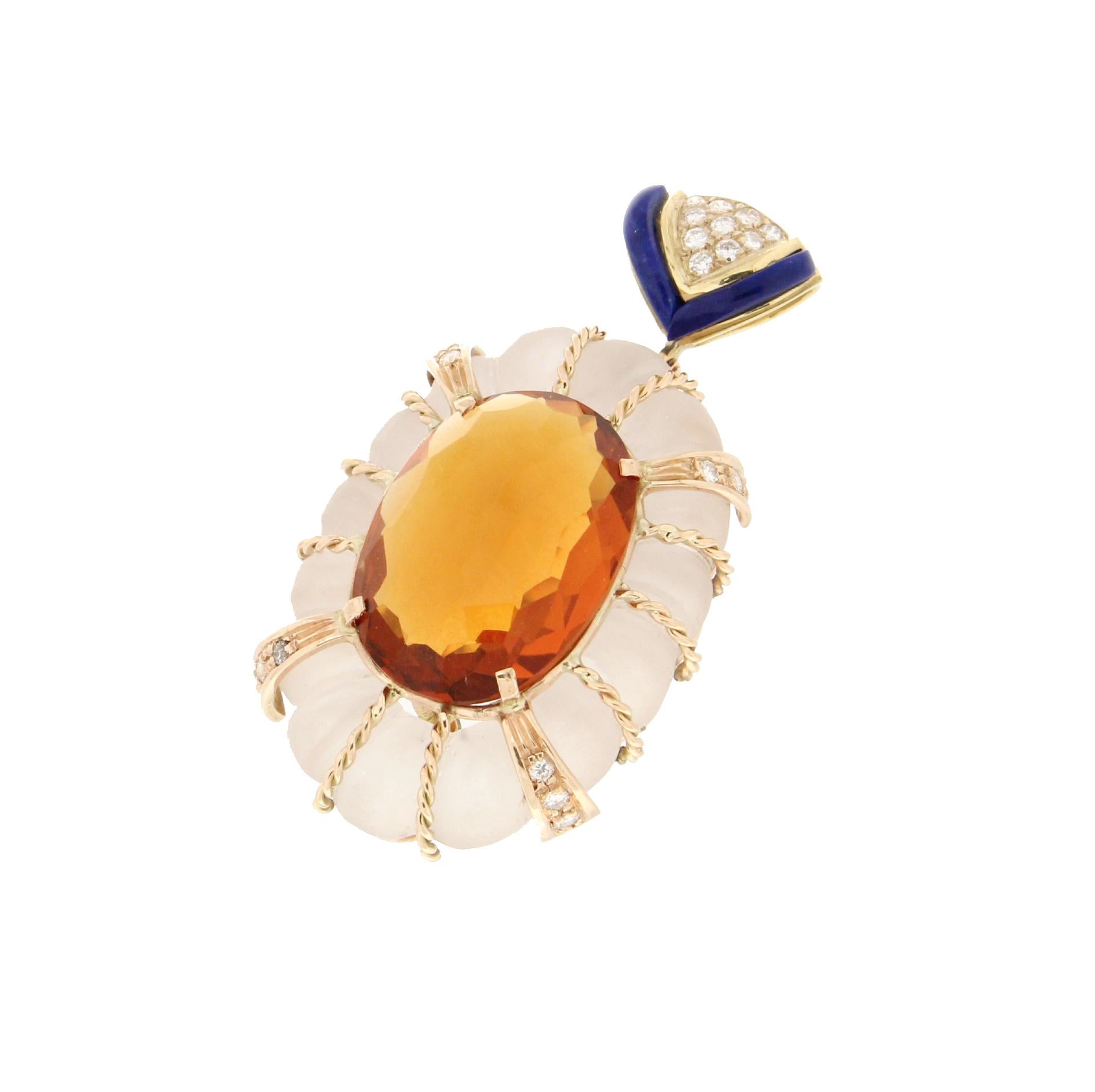 Artisan Handcraft Citrine 14 Karat Yellow Gold Diamonds Crystal Rock Pendant Necklace For Sale