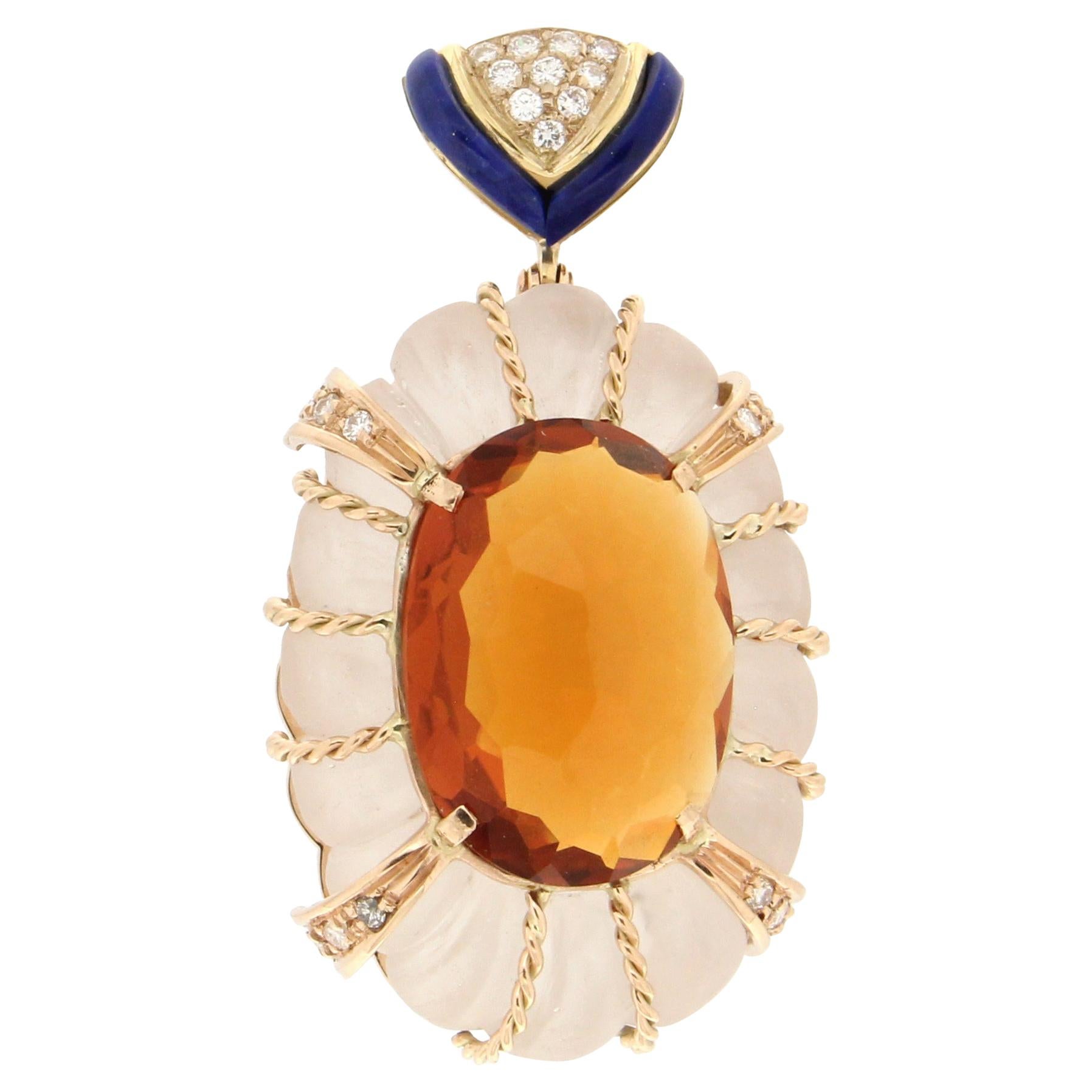 Collier pendentif artisanal en or jaune 14 carats, citrine, diamants et cristal en forme de roche