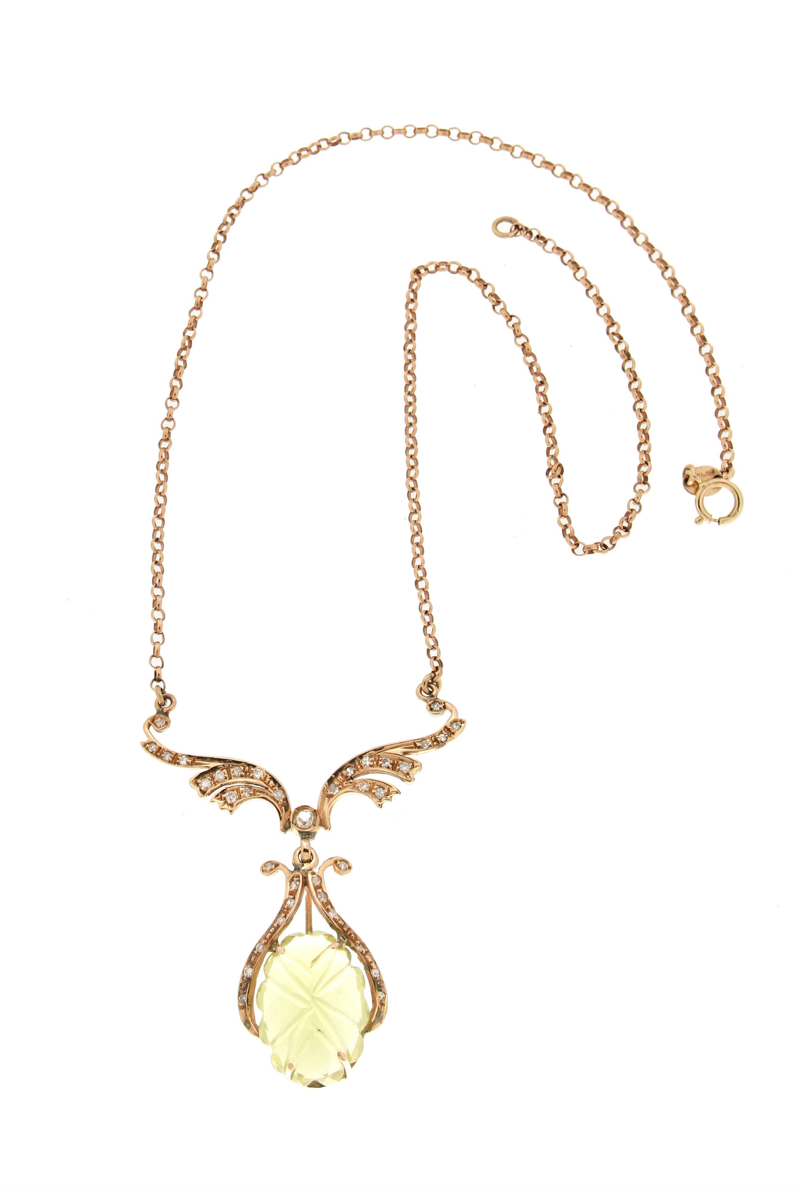 Taille mixte Collier pendentif Citrine en or jaune 14 carats avec diamants Handcraft en vente
