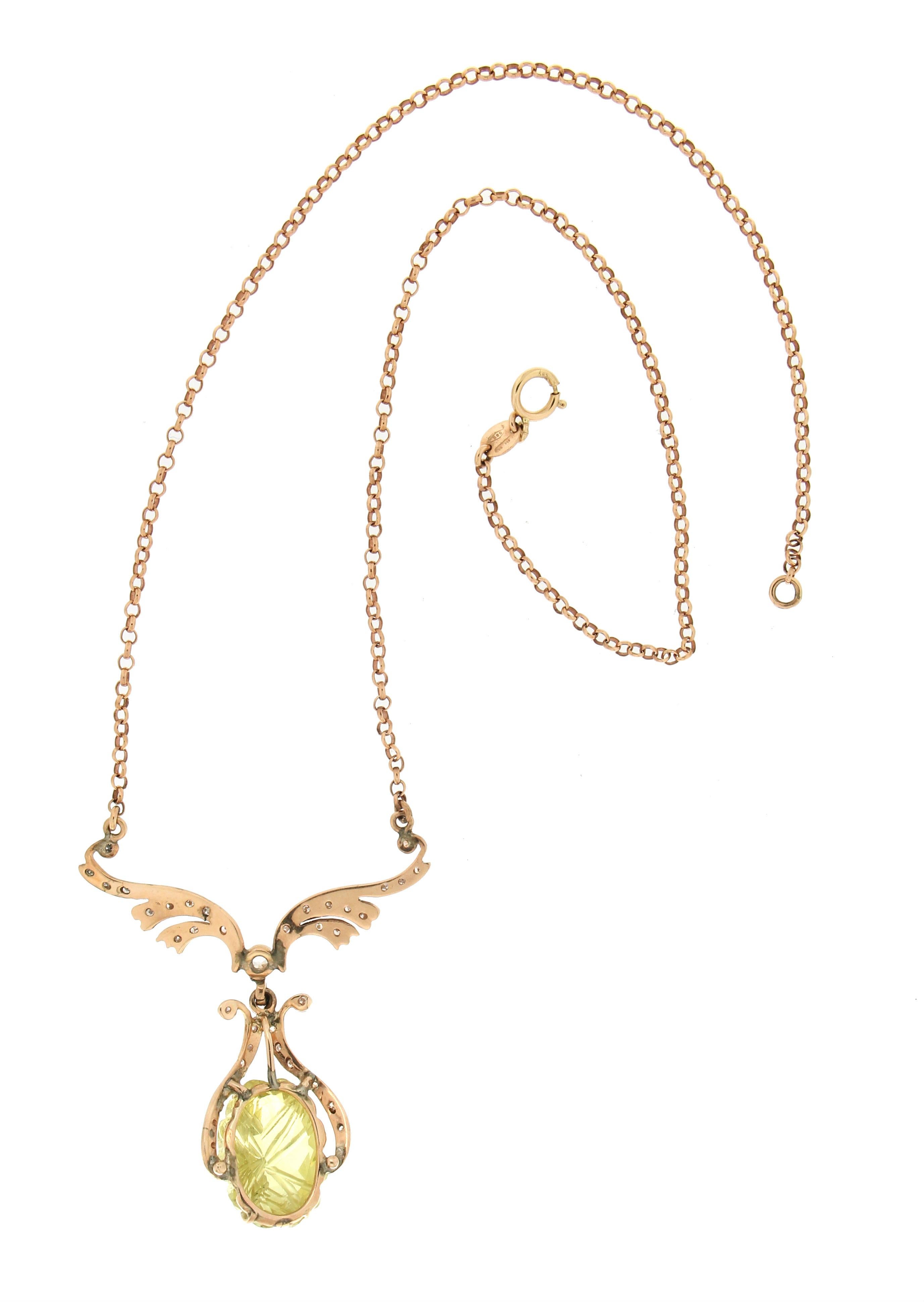 Collier pendentif Citrine en or jaune 14 carats avec diamants Handcraft Unisexe en vente